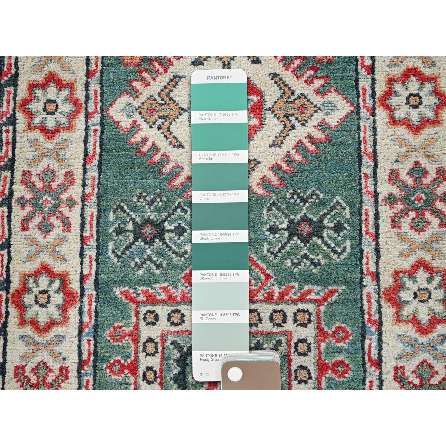 2'x5'10" Vivid Green, Kazak with Geometric Medallions Design, Soft and Velvety Wool, Hand Knotted, Denser Weave, Vegetable Dyes, Narrow Runner, Oriental Rug Sh504