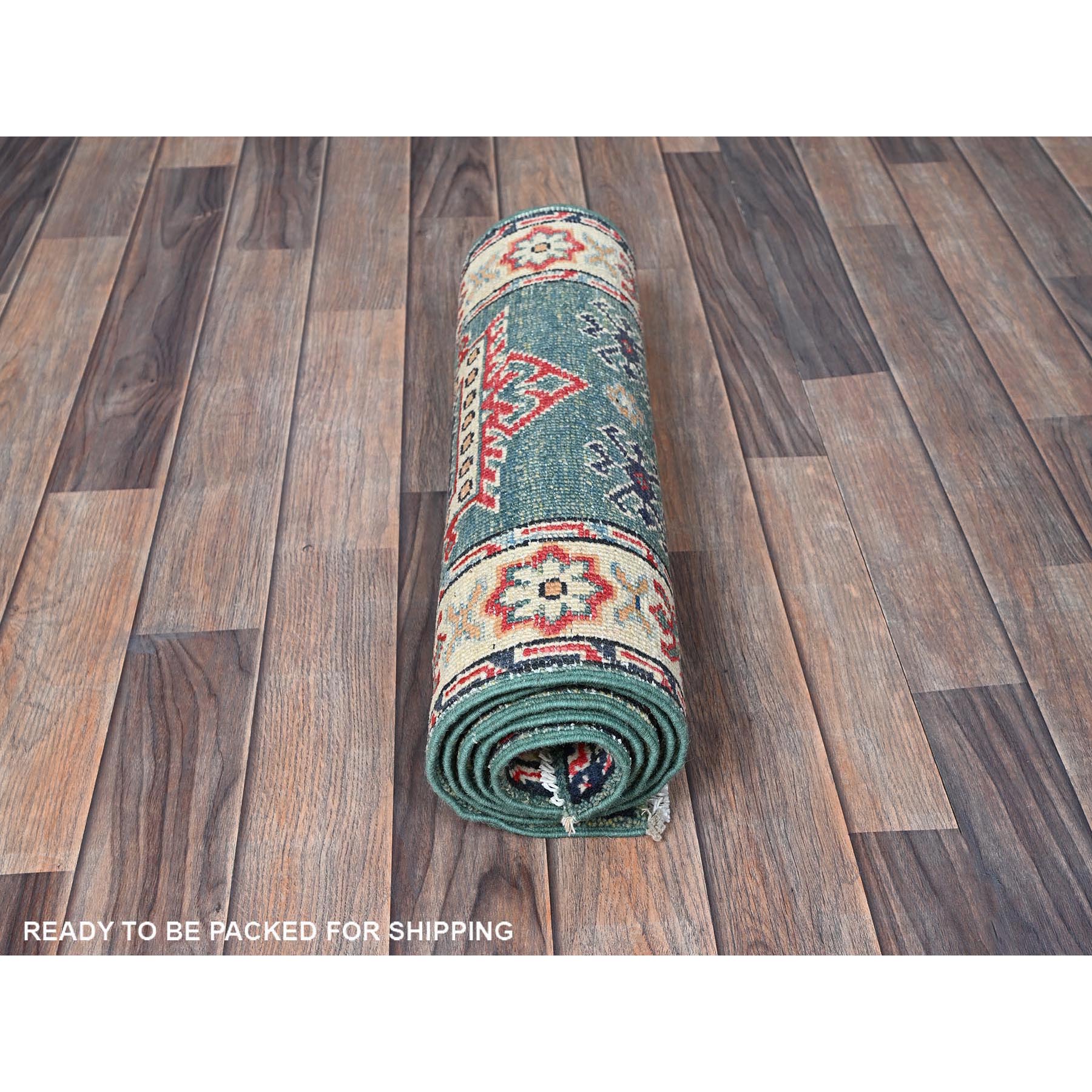 2'x5'10" Vivid Green, Kazak with Geometric Medallions Design, Soft and Velvety Wool, Hand Knotted, Denser Weave, Vegetable Dyes, Narrow Runner, Oriental Rug Sh504