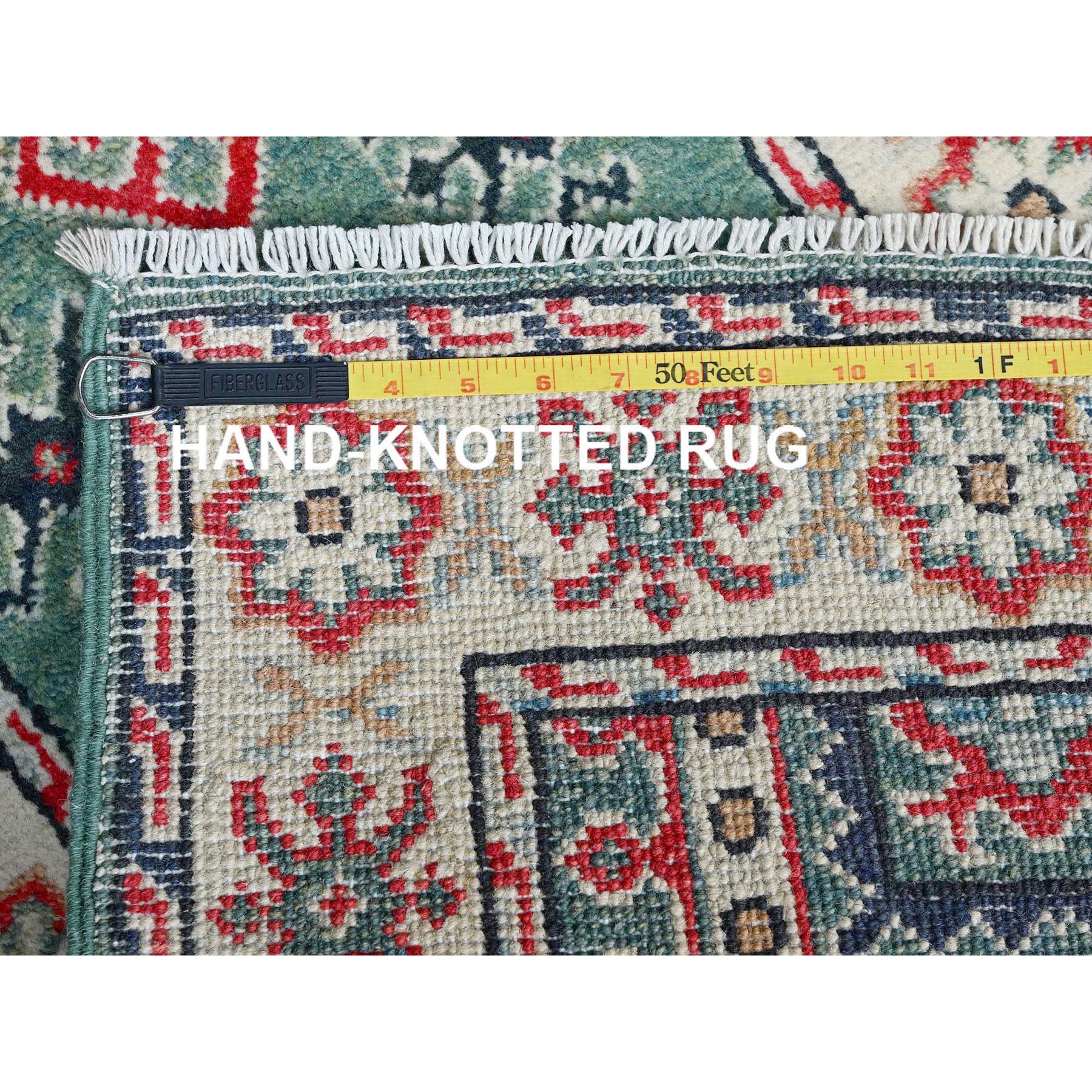 2'x5'10" Vivid Green, Kazak with Geometric Medallions Design, Soft and Velvety Wool, Hand Knotted, Denser Weave, Vegetable Dyes, Narrow Runner, Oriental Rug Sh504