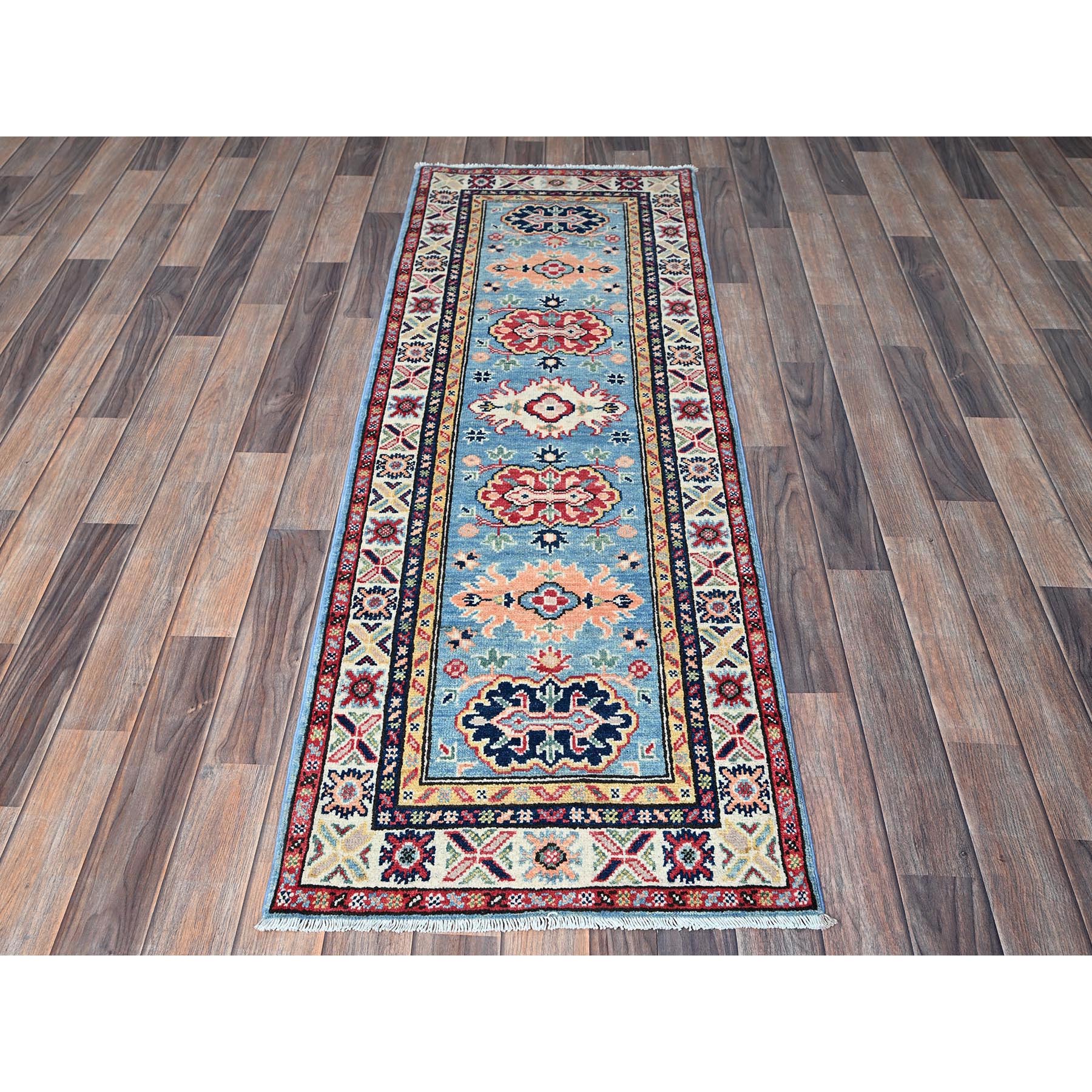 2'1"x5'10" Aqua Blue, Kazak with Tribal Medallions Design, Hand Knotted, Soft and Velvety Wool, Denser Weave, Vegetable Dyes, Narrow Runner, Oriental Rug Sh505