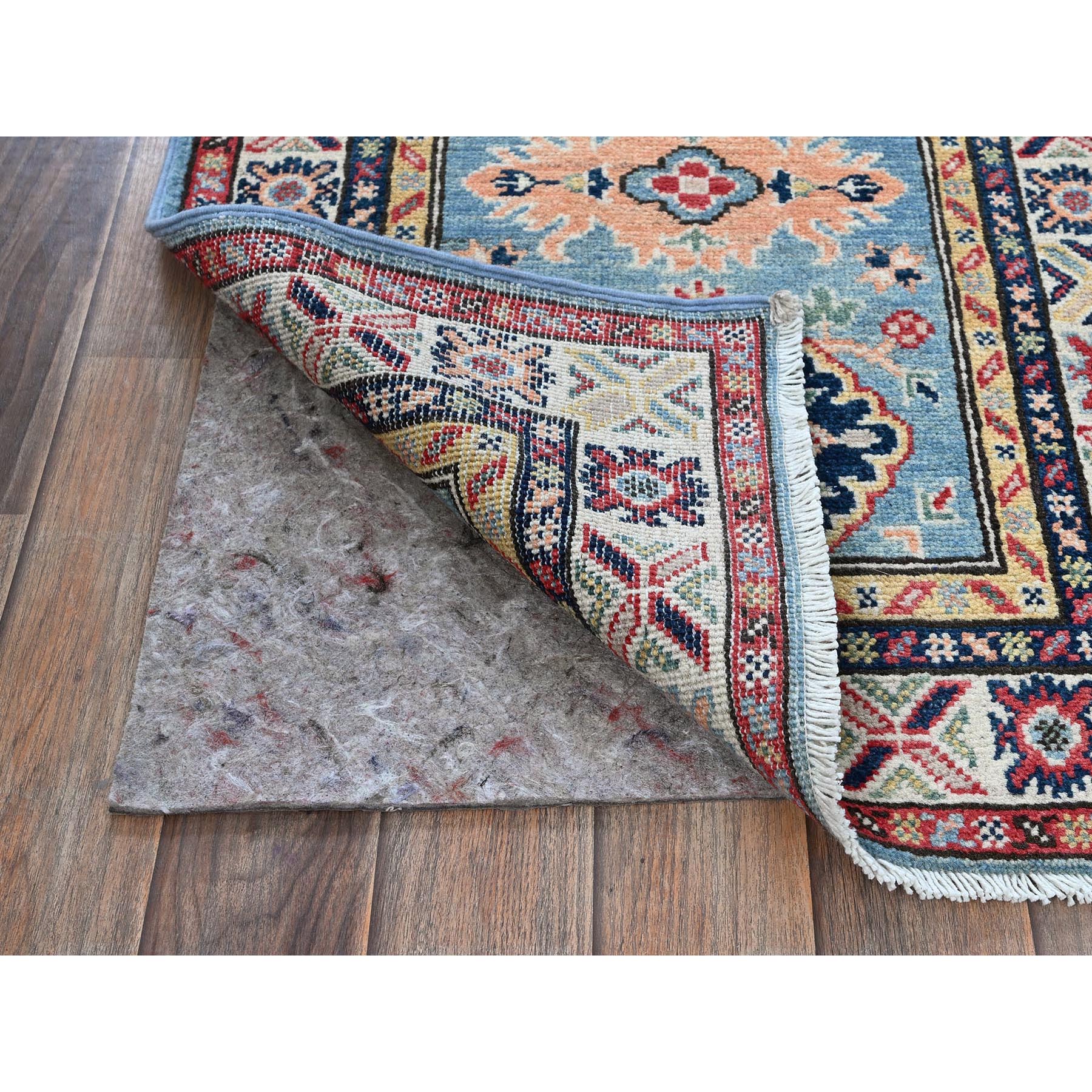 2'1"x5'10" Aqua Blue, Kazak with Tribal Medallions Design, Hand Knotted, Soft and Velvety Wool, Denser Weave, Vegetable Dyes, Narrow Runner, Oriental Rug Sh505