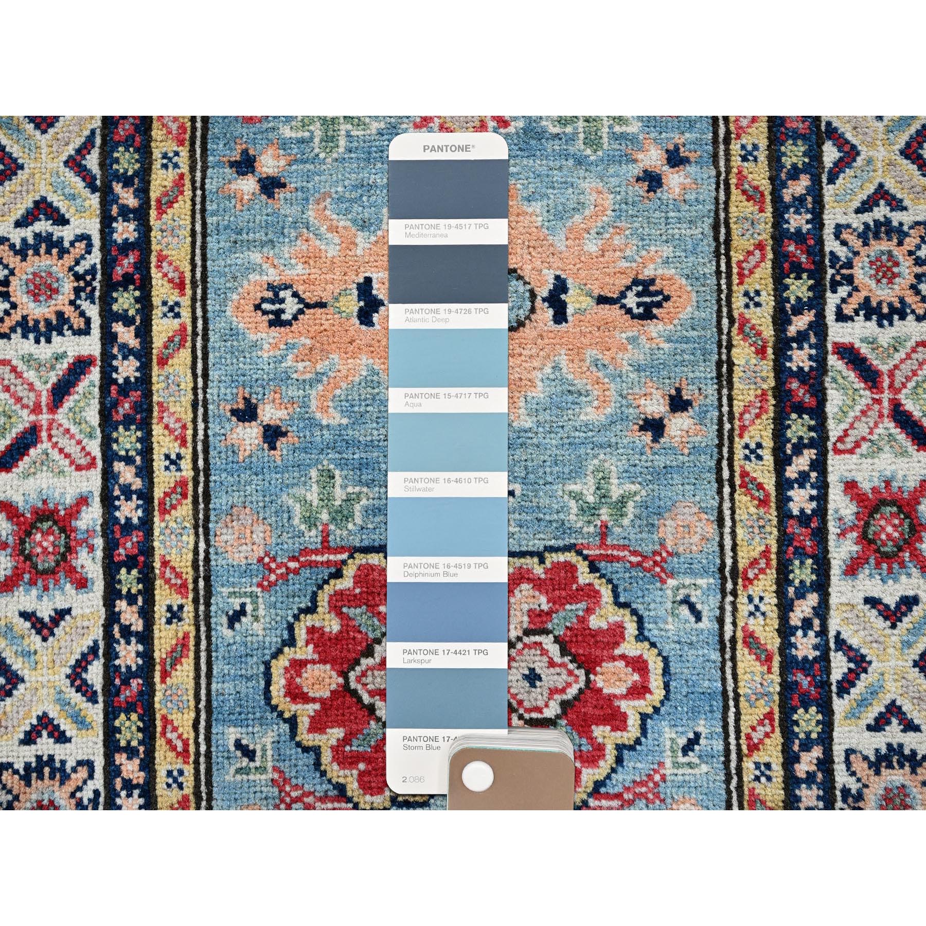 2'1"x5'10" Aqua Blue, Kazak with Tribal Medallions Design, Hand Knotted, Soft and Velvety Wool, Denser Weave, Vegetable Dyes, Narrow Runner, Oriental Rug Sh505