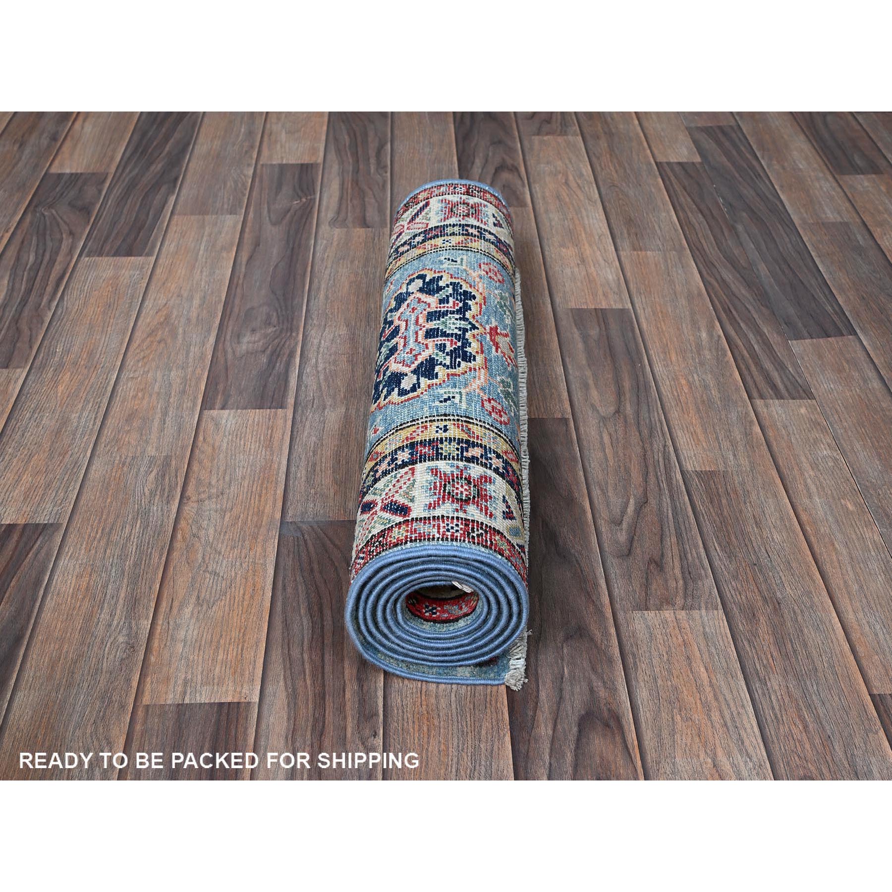 2'1"x5'10" Aqua Blue, Kazak with Tribal Medallions Design, Hand Knotted, Soft and Velvety Wool, Denser Weave, Vegetable Dyes, Narrow Runner, Oriental Rug Sh505