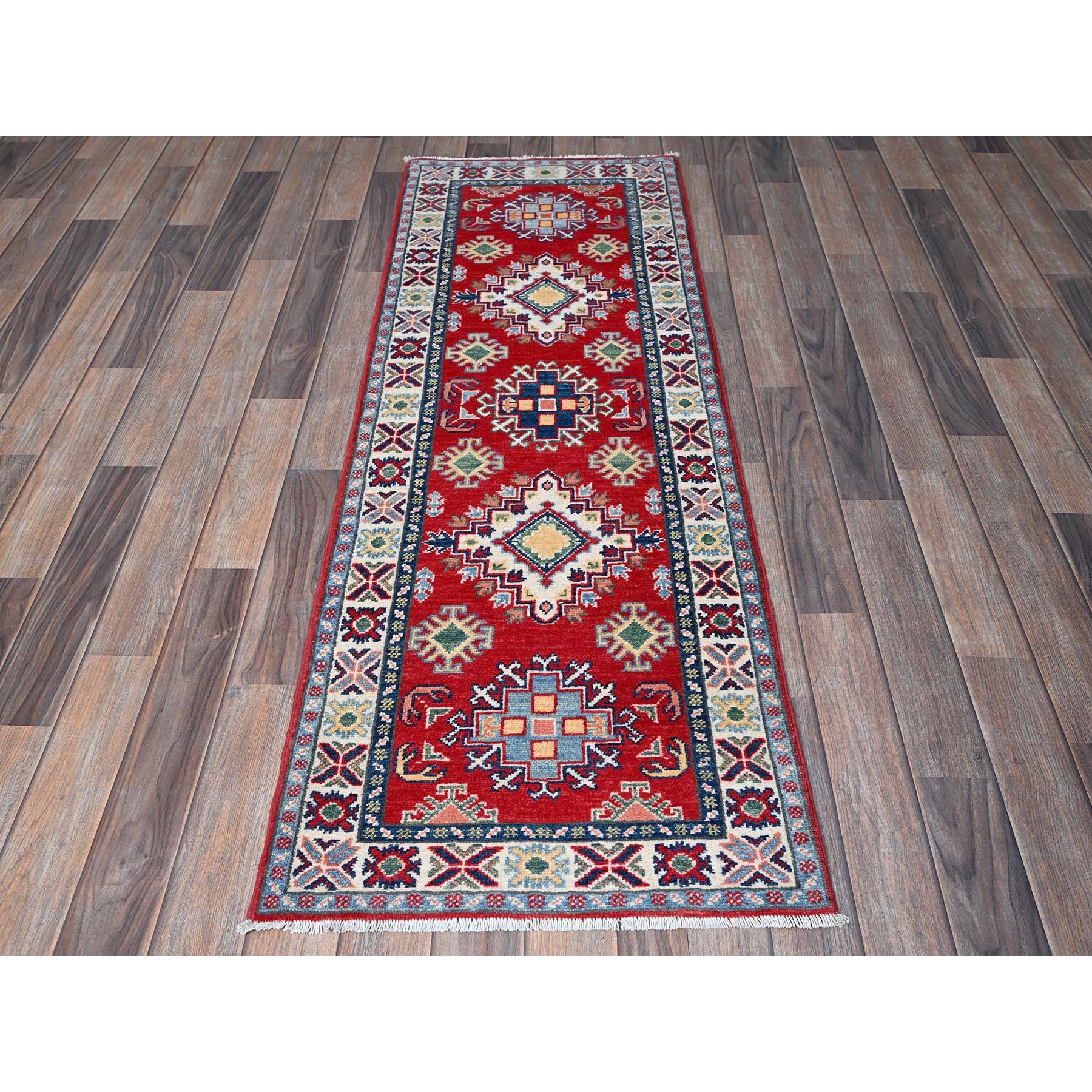 2'x5'9" Imperial Red, Kazak with Geometric Medallions Design, Hand Knotted, Soft and Shiny Wool, Denser Weave, Vegetable Dyes, Narrow Runner, Oriental Rug Sh506