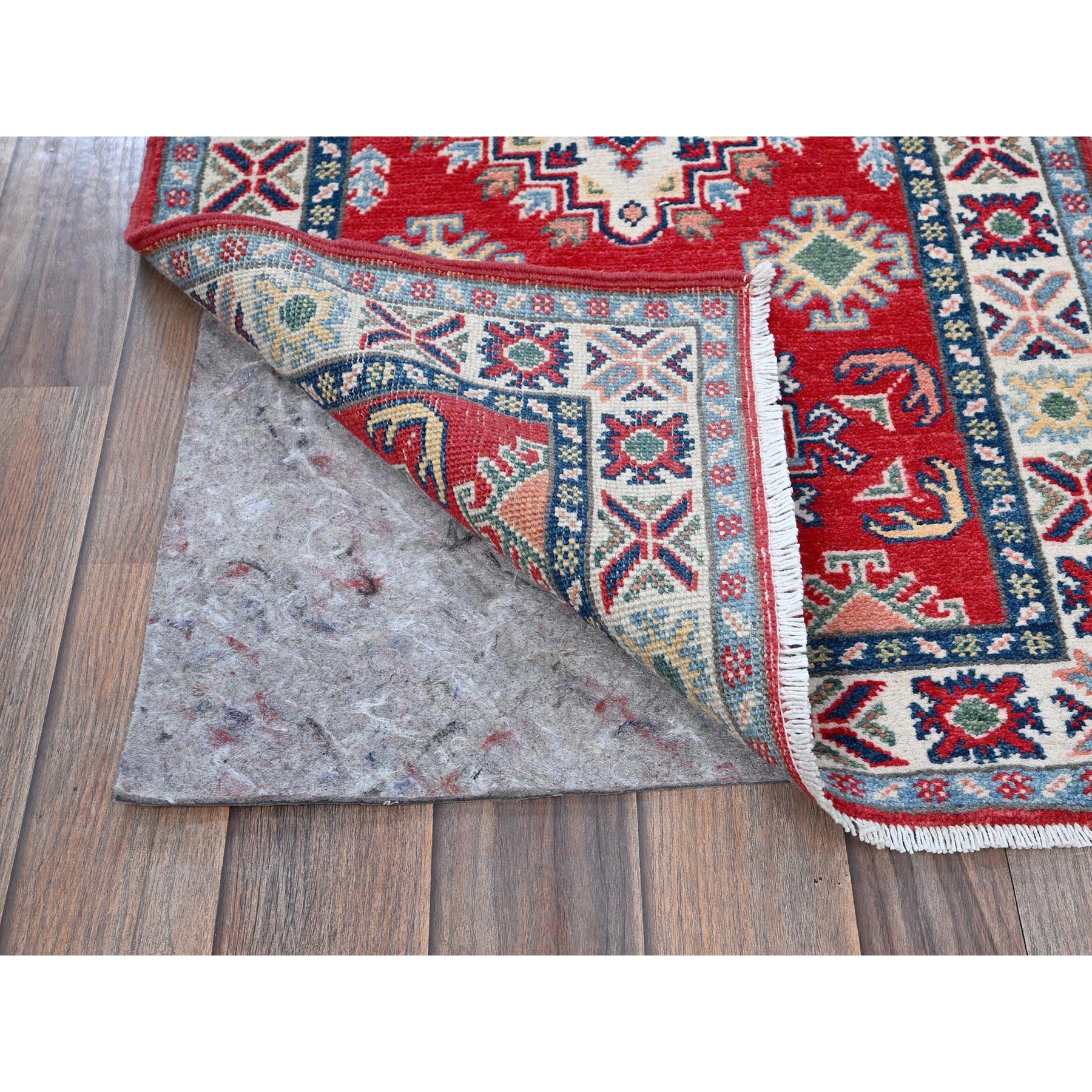 2'x5'9" Imperial Red, Kazak with Geometric Medallions Design, Hand Knotted, Soft and Shiny Wool, Denser Weave, Vegetable Dyes, Narrow Runner, Oriental Rug Sh506