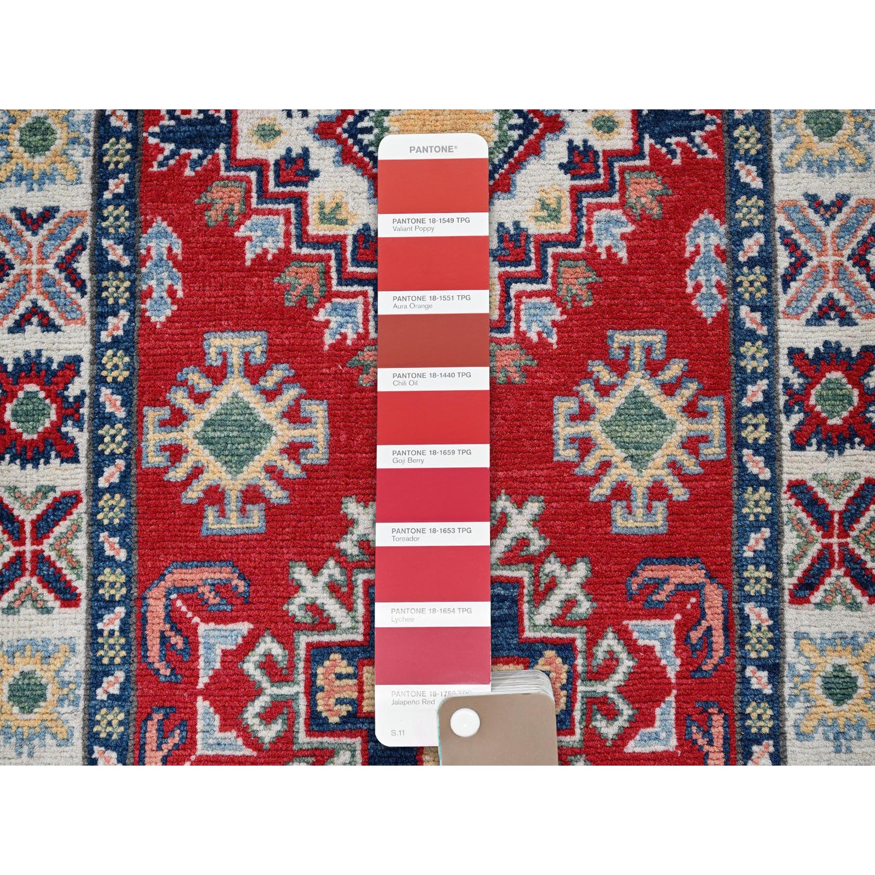 2'x5'9" Imperial Red, Kazak with Geometric Medallions Design, Hand Knotted, Soft and Shiny Wool, Denser Weave, Vegetable Dyes, Narrow Runner, Oriental Rug Sh506