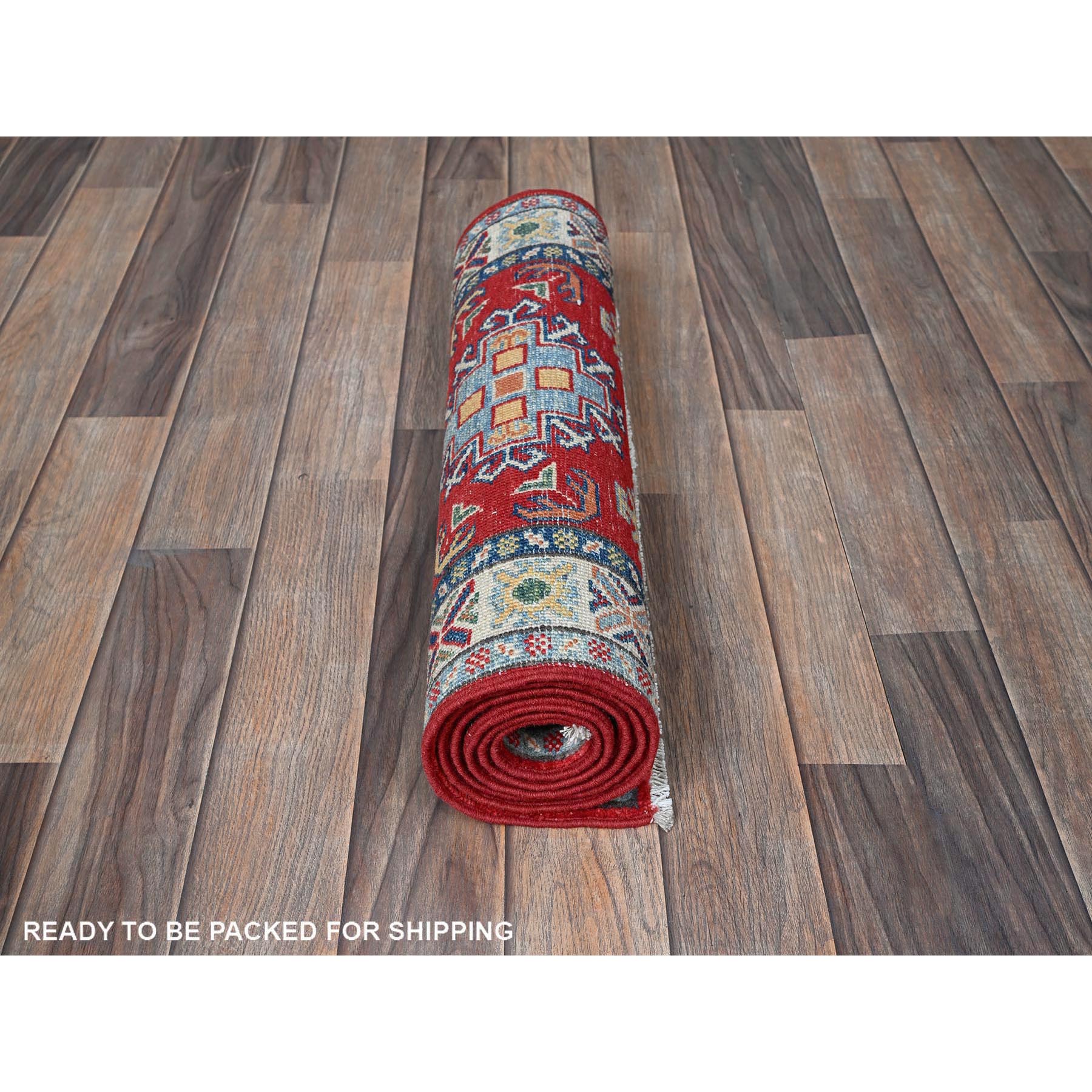 2'x5'9" Imperial Red, Kazak with Geometric Medallions Design, Hand Knotted, Soft and Shiny Wool, Denser Weave, Vegetable Dyes, Narrow Runner, Oriental Rug Sh506