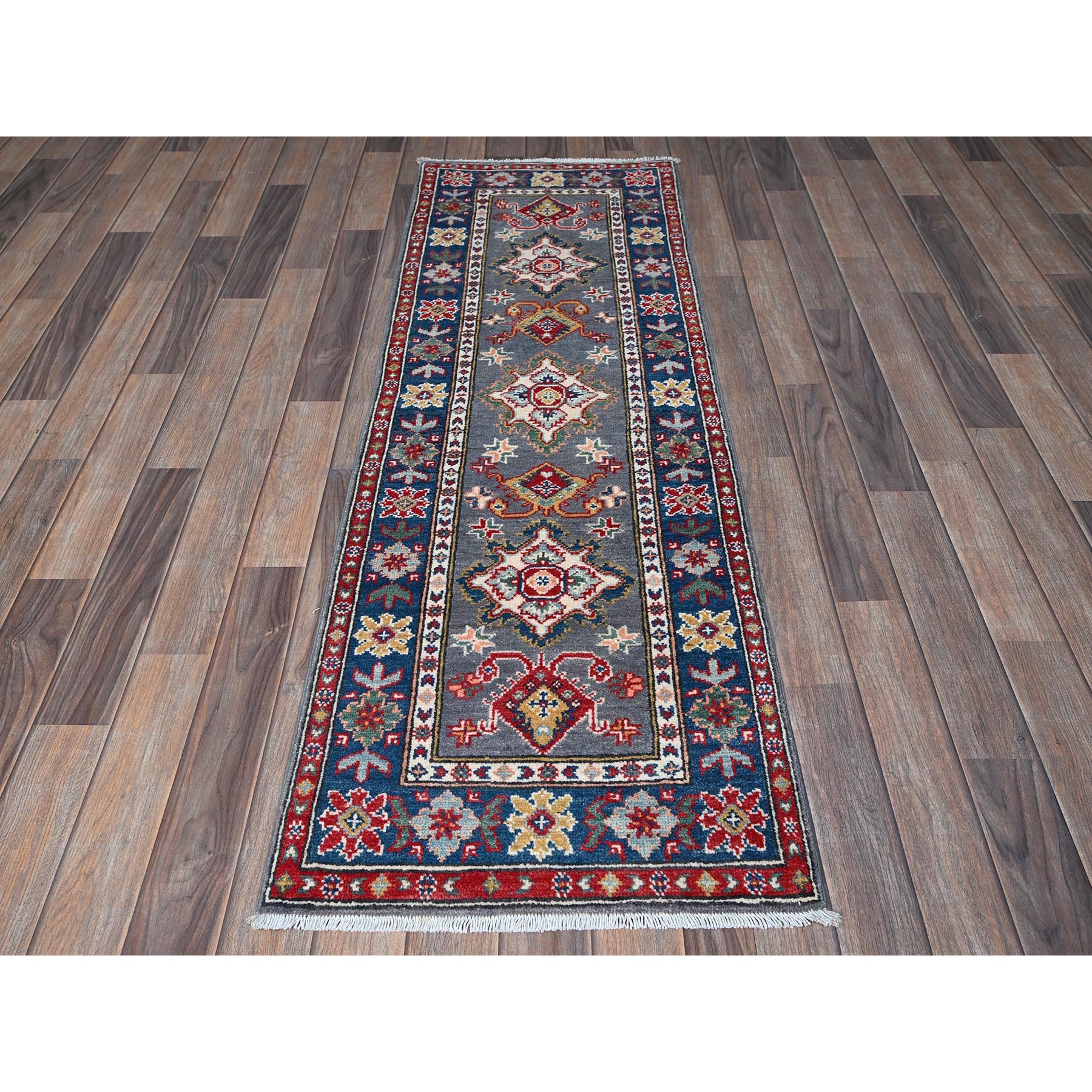2'x6' Marengo Gray, Kazak with Tribal Medallions Design, Hand Knotted, Soft and Velvety Wool, Denser Weave, Vegetable Dyes, Narrow Runner, Oriental Rug Sh507