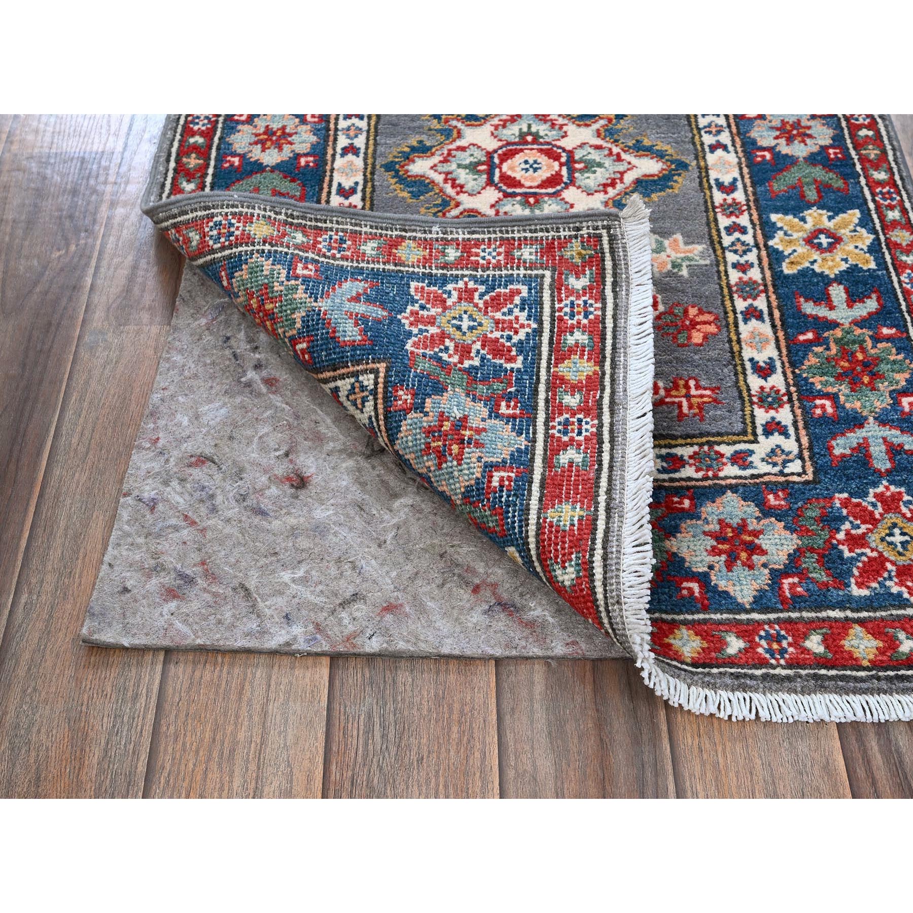 2'x6' Marengo Gray, Kazak with Tribal Medallions Design, Hand Knotted, Soft and Velvety Wool, Denser Weave, Vegetable Dyes, Narrow Runner, Oriental Rug Sh507