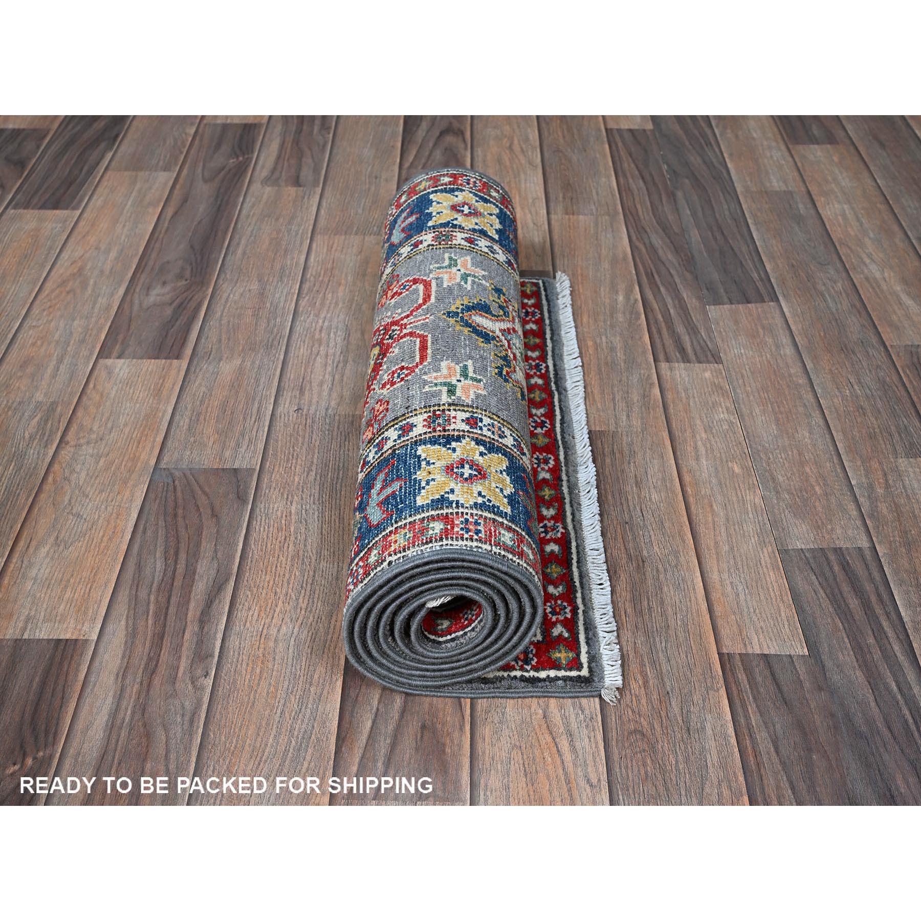 2'x6' Marengo Gray, Kazak with Tribal Medallions Design, Hand Knotted, Soft and Velvety Wool, Denser Weave, Vegetable Dyes, Narrow Runner, Oriental Rug Sh507