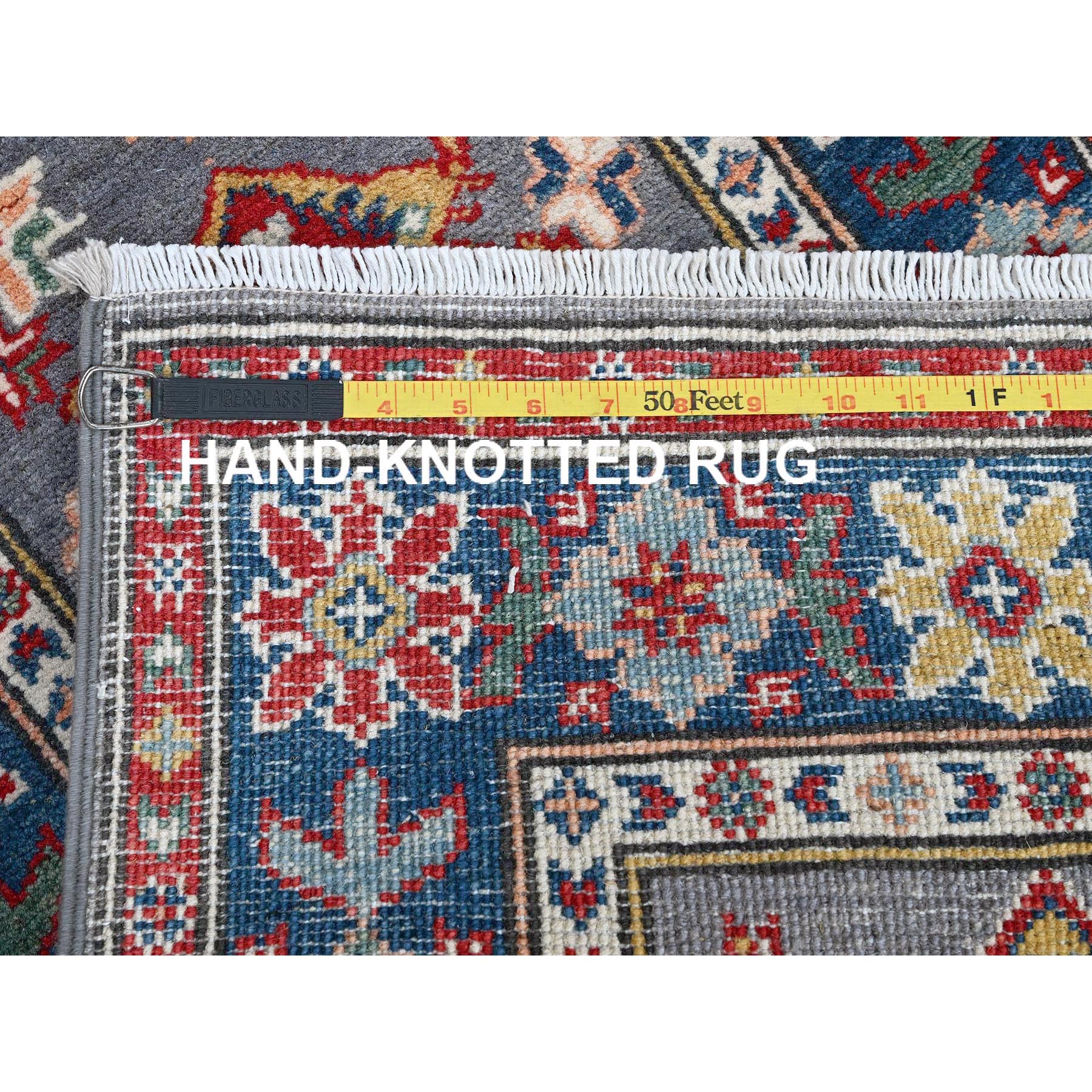 2'x6' Marengo Gray, Kazak with Tribal Medallions Design, Hand Knotted, Soft and Velvety Wool, Denser Weave, Vegetable Dyes, Narrow Runner, Oriental Rug Sh507