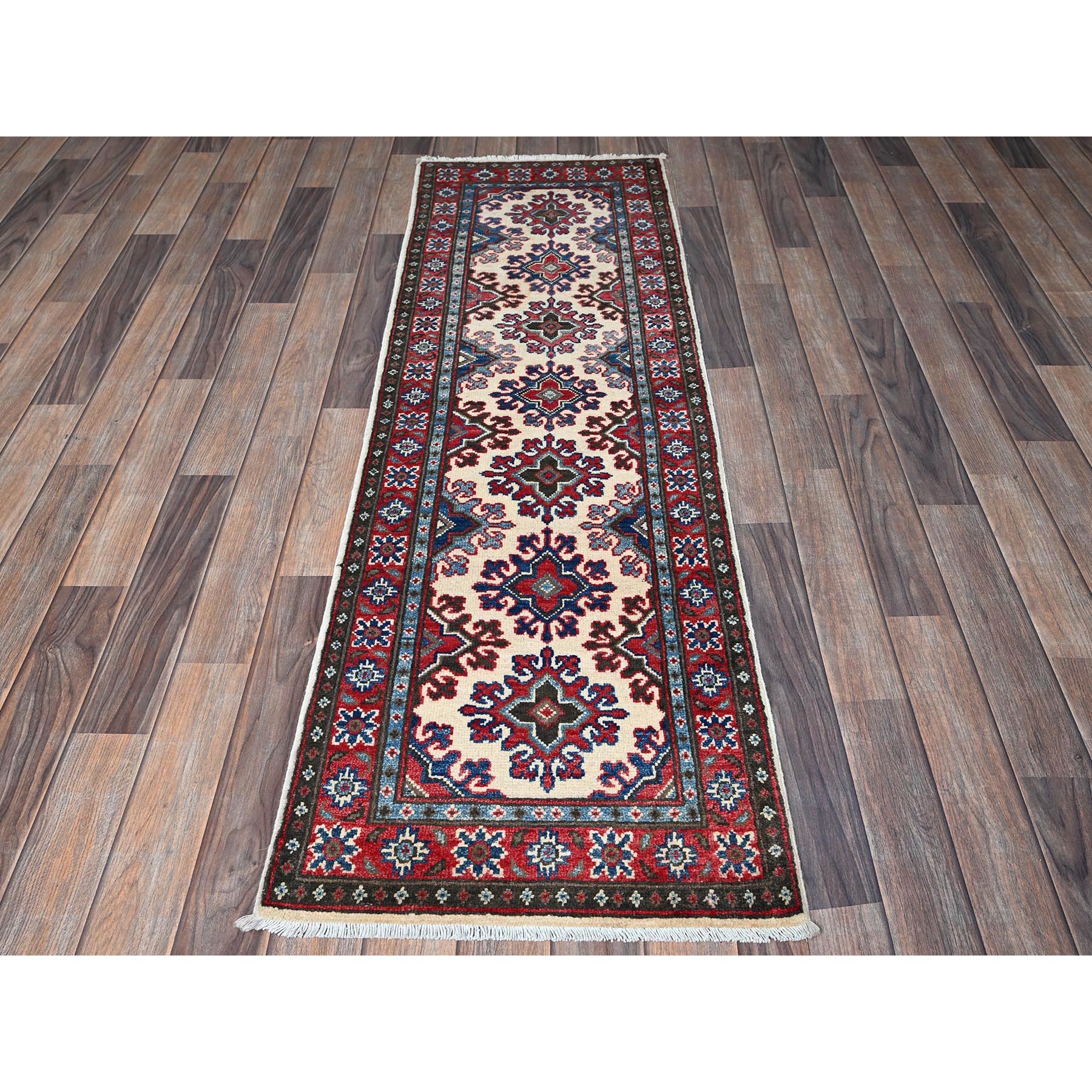 1'10"x6' Pearl White, Kazak with Tribal Medallions Design, Hand Knotted, Soft and Velvety Wool, Denser Weave, Vegetable Dyes, Narrow Runner, Oriental Rug Sh508