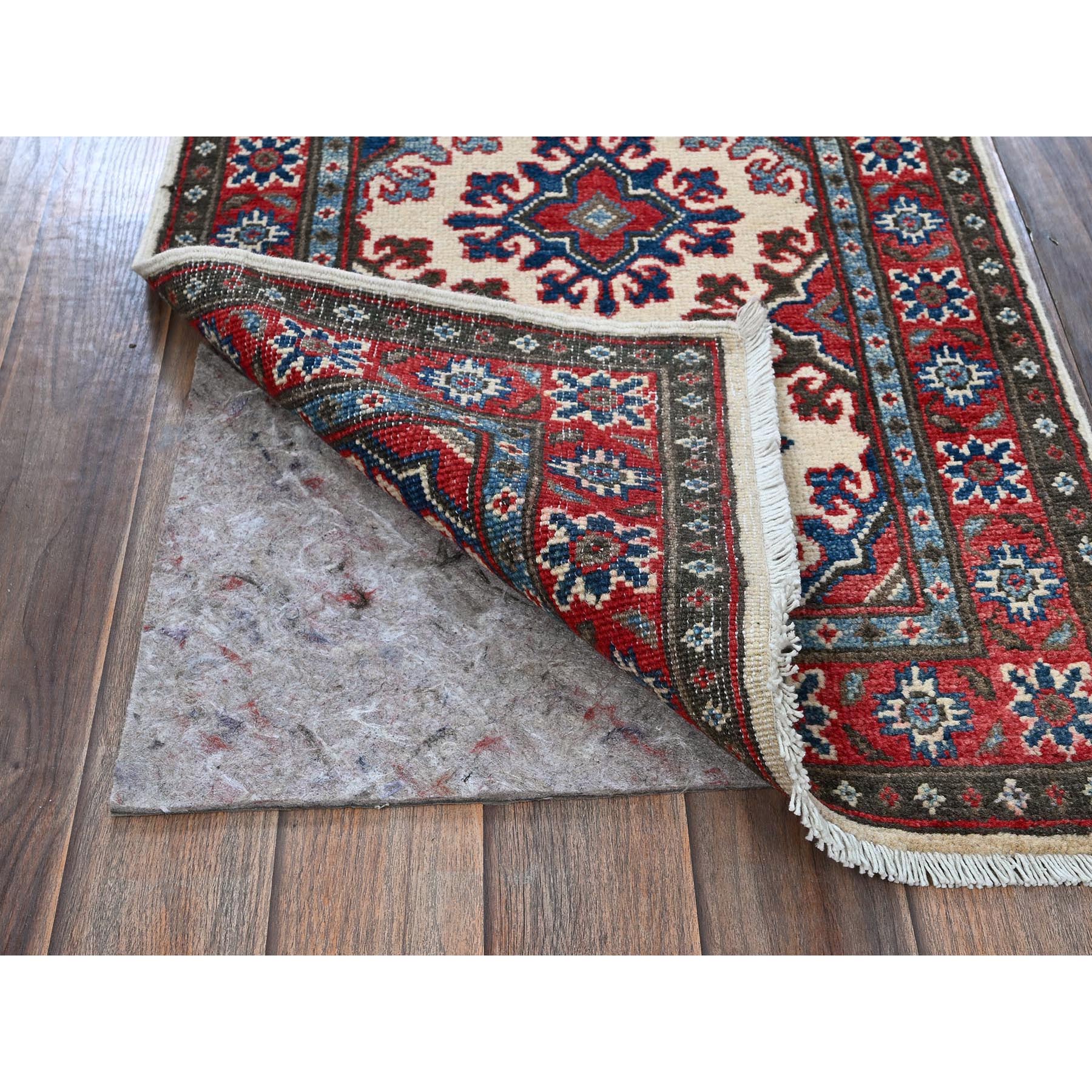 1'10"x6' Pearl White, Kazak with Tribal Medallions Design, Hand Knotted, Soft and Velvety Wool, Denser Weave, Vegetable Dyes, Narrow Runner, Oriental Rug Sh508