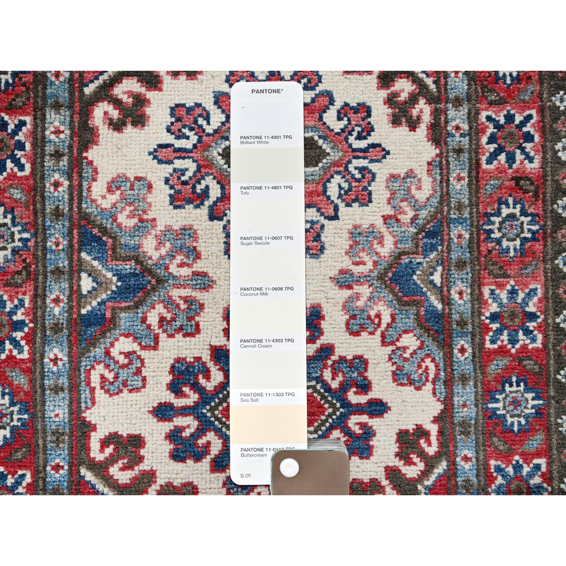 1'10"x6' Pearl White, Kazak with Tribal Medallions Design, Hand Knotted, Soft and Velvety Wool, Denser Weave, Vegetable Dyes, Narrow Runner, Oriental Rug Sh508