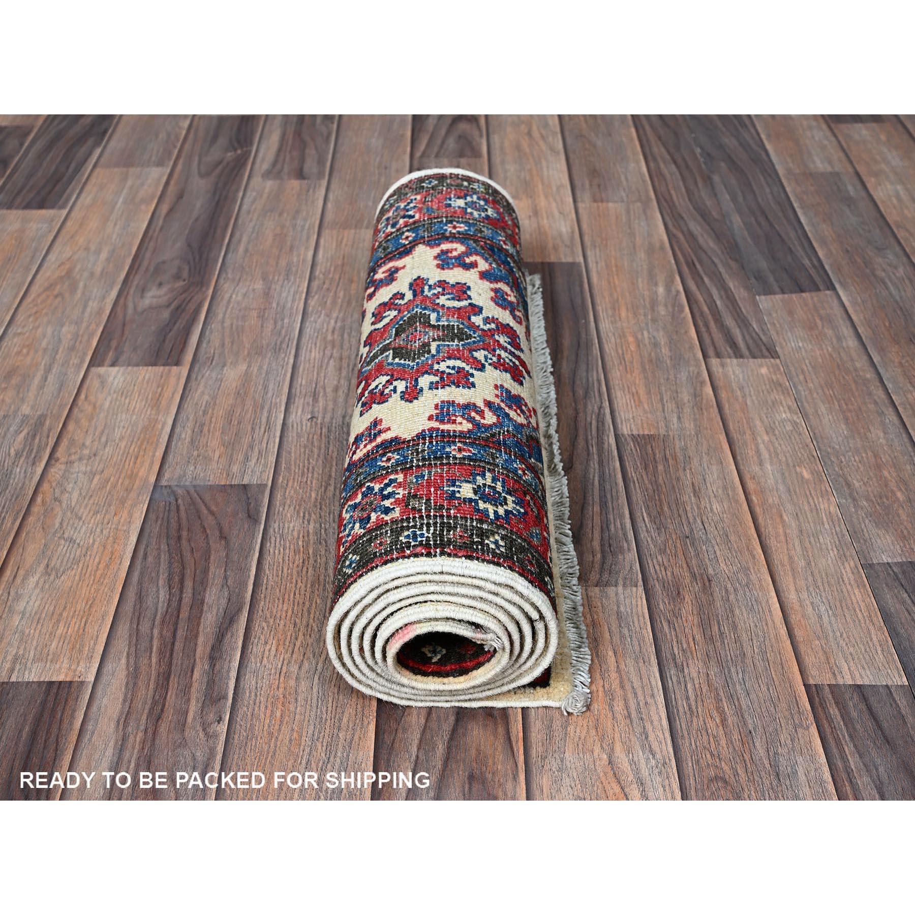 1'10"x6' Pearl White, Kazak with Tribal Medallions Design, Hand Knotted, Soft and Velvety Wool, Denser Weave, Vegetable Dyes, Narrow Runner, Oriental Rug Sh508