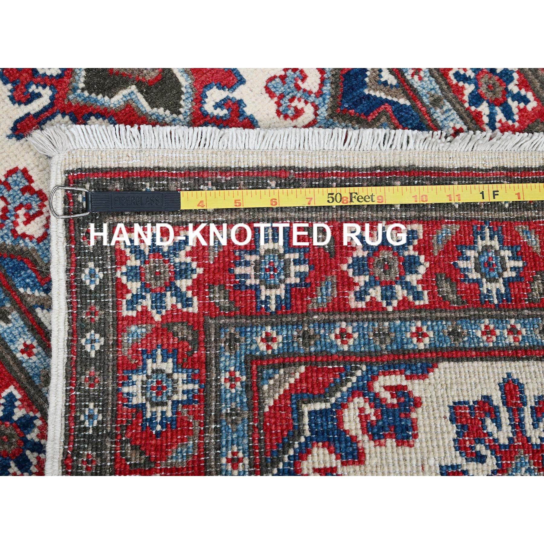 1'10"x6' Pearl White, Kazak with Tribal Medallions Design, Hand Knotted, Soft and Velvety Wool, Denser Weave, Vegetable Dyes, Narrow Runner, Oriental Rug Sh508