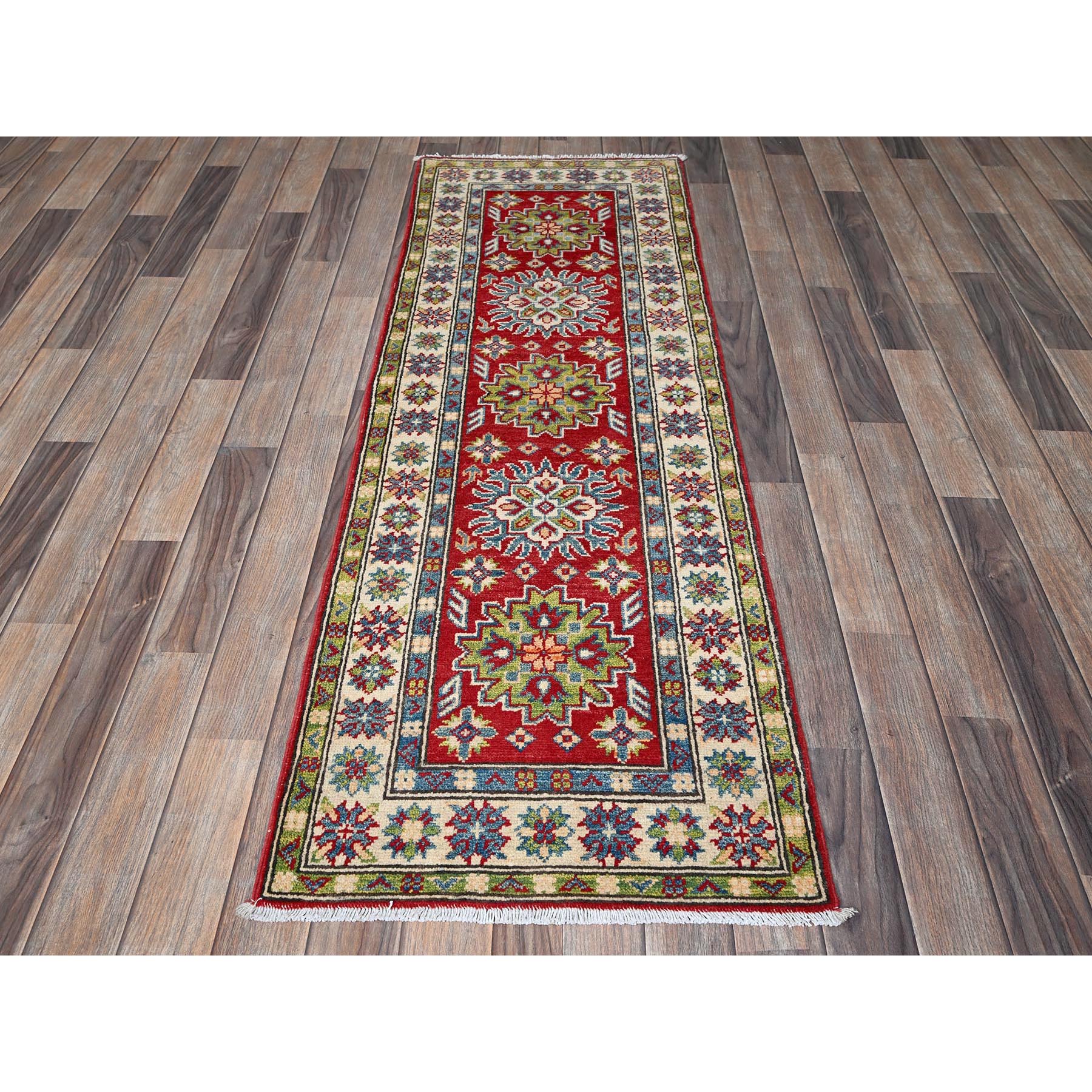 2'x5'10" Crimson Red, Kazak with Tribal Medallions Design, Soft and Shiny Wool, Hand Knotted, Denser Weave, Vegetable Dyes, Narrow Runner, Oriental Rug Sh511