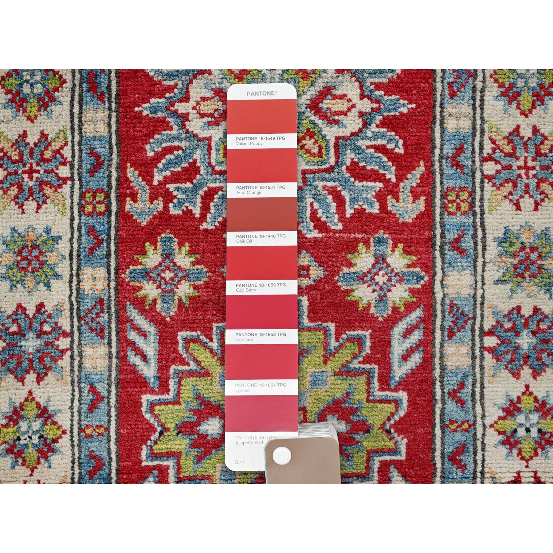 2'x5'10" Crimson Red, Kazak with Tribal Medallions Design, Soft and Shiny Wool, Hand Knotted, Denser Weave, Vegetable Dyes, Narrow Runner, Oriental Rug Sh511