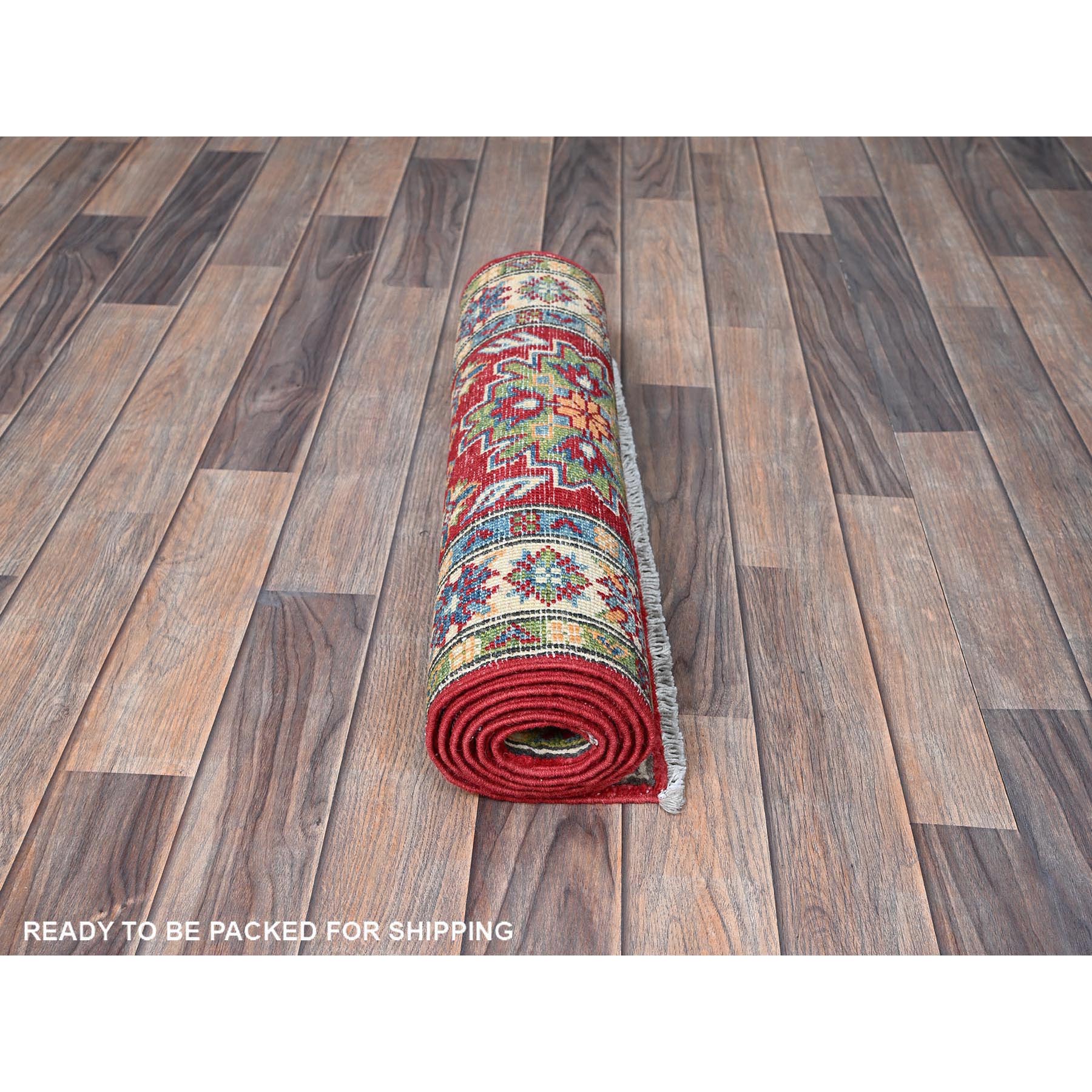 2'x5'10" Crimson Red, Kazak with Tribal Medallions Design, Soft and Shiny Wool, Hand Knotted, Denser Weave, Vegetable Dyes, Narrow Runner, Oriental Rug Sh511