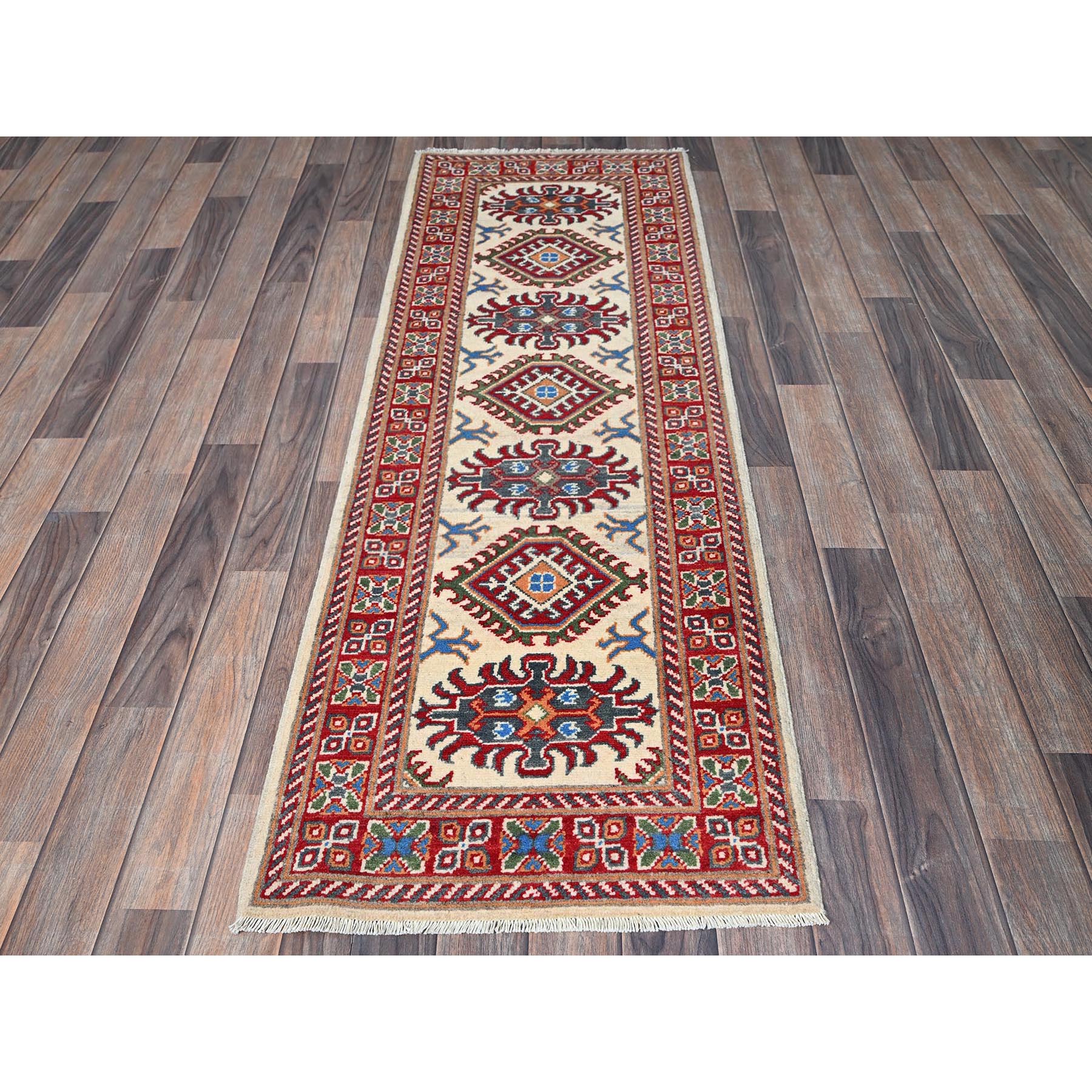 2'x5'10" Chiffon White, Kazak with Tribal Medallions Design, Hand Knotted, Soft and Velvety Wool, Denser Weave, Vegetable Dyes, Narrow Runner, Oriental Rug Sh512