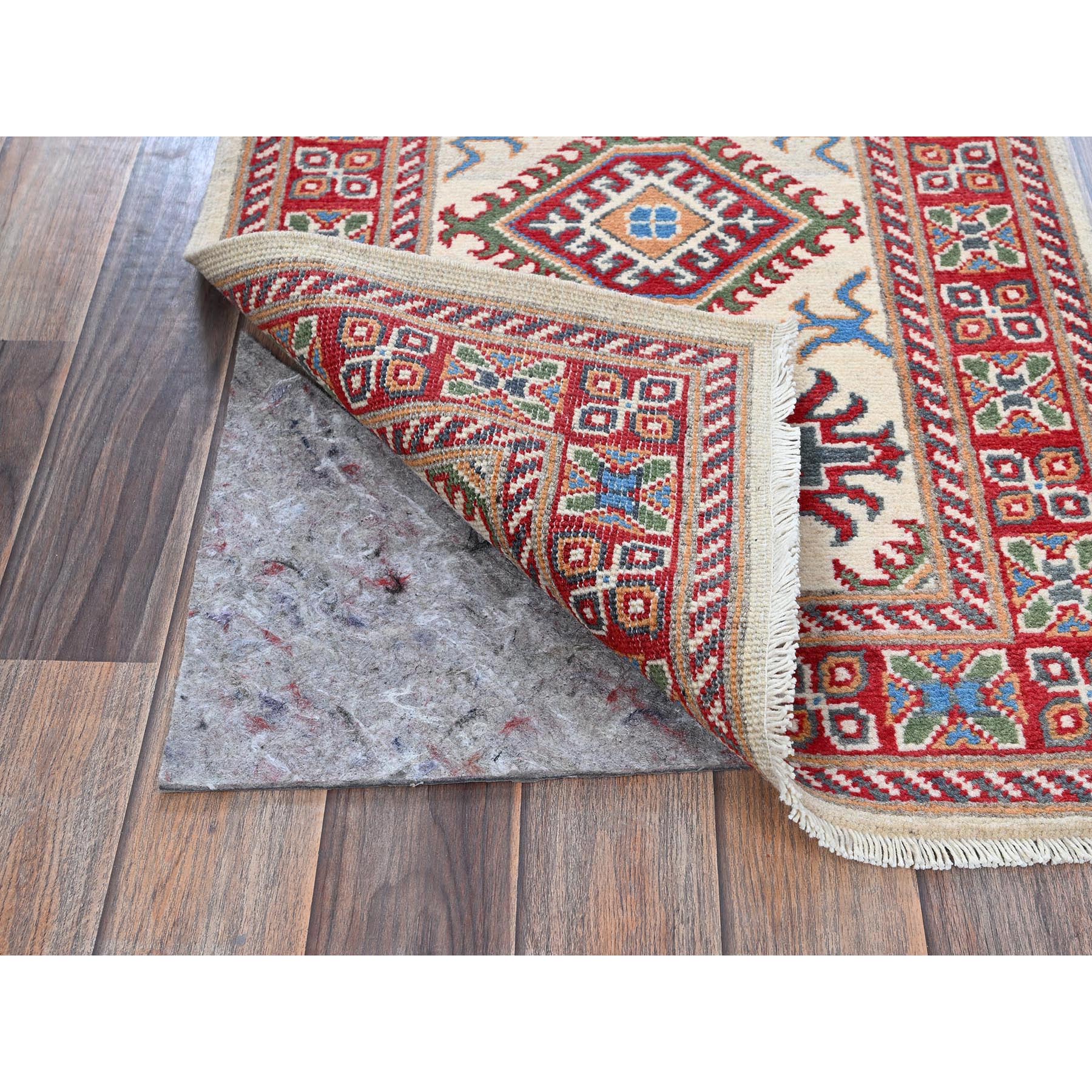 2'x5'10" Chiffon White, Kazak with Tribal Medallions Design, Hand Knotted, Soft and Velvety Wool, Denser Weave, Vegetable Dyes, Narrow Runner, Oriental Rug Sh512
