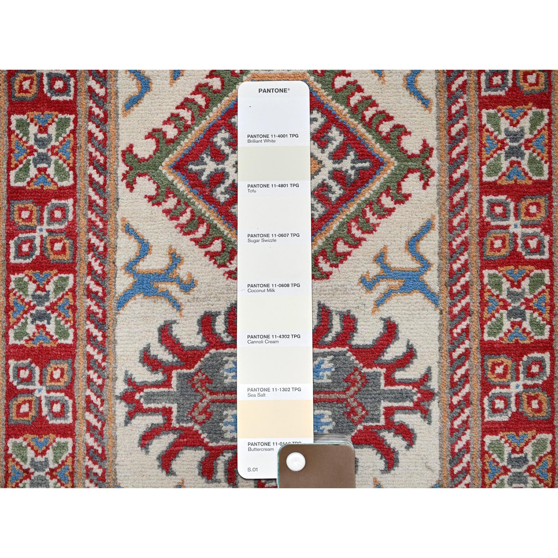 2'x5'10" Chiffon White, Kazak with Tribal Medallions Design, Hand Knotted, Soft and Velvety Wool, Denser Weave, Vegetable Dyes, Narrow Runner, Oriental Rug Sh512
