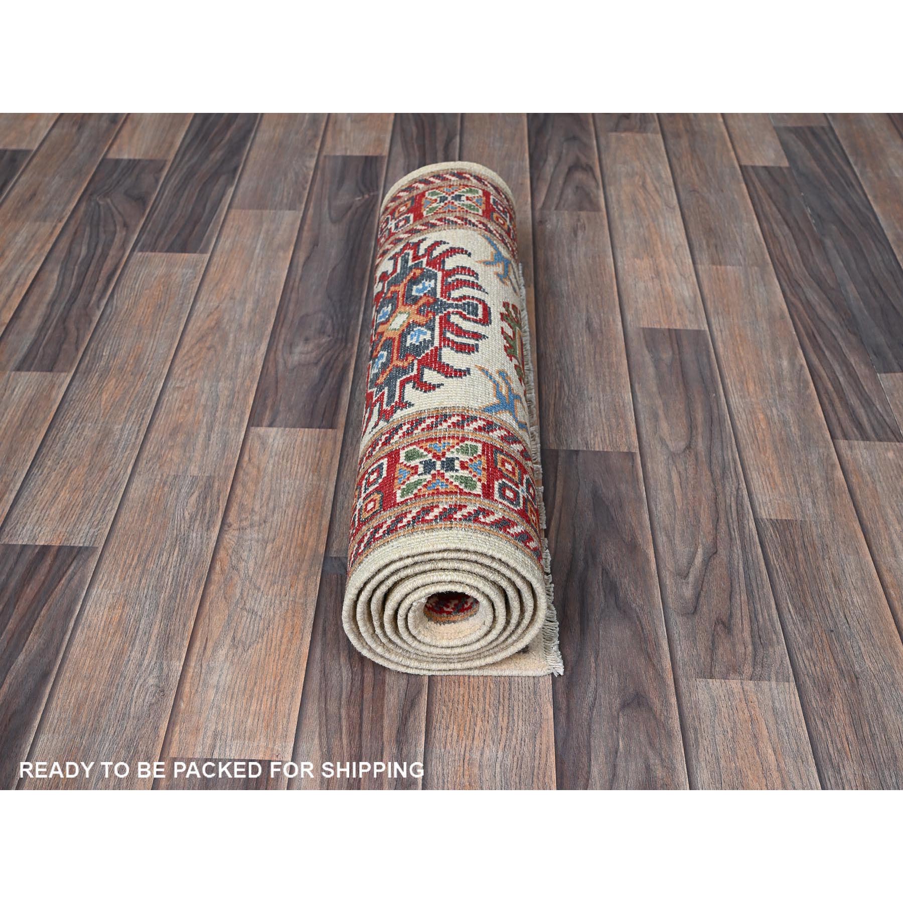 2'x5'10" Chiffon White, Kazak with Tribal Medallions Design, Hand Knotted, Soft and Velvety Wool, Denser Weave, Vegetable Dyes, Narrow Runner, Oriental Rug Sh512