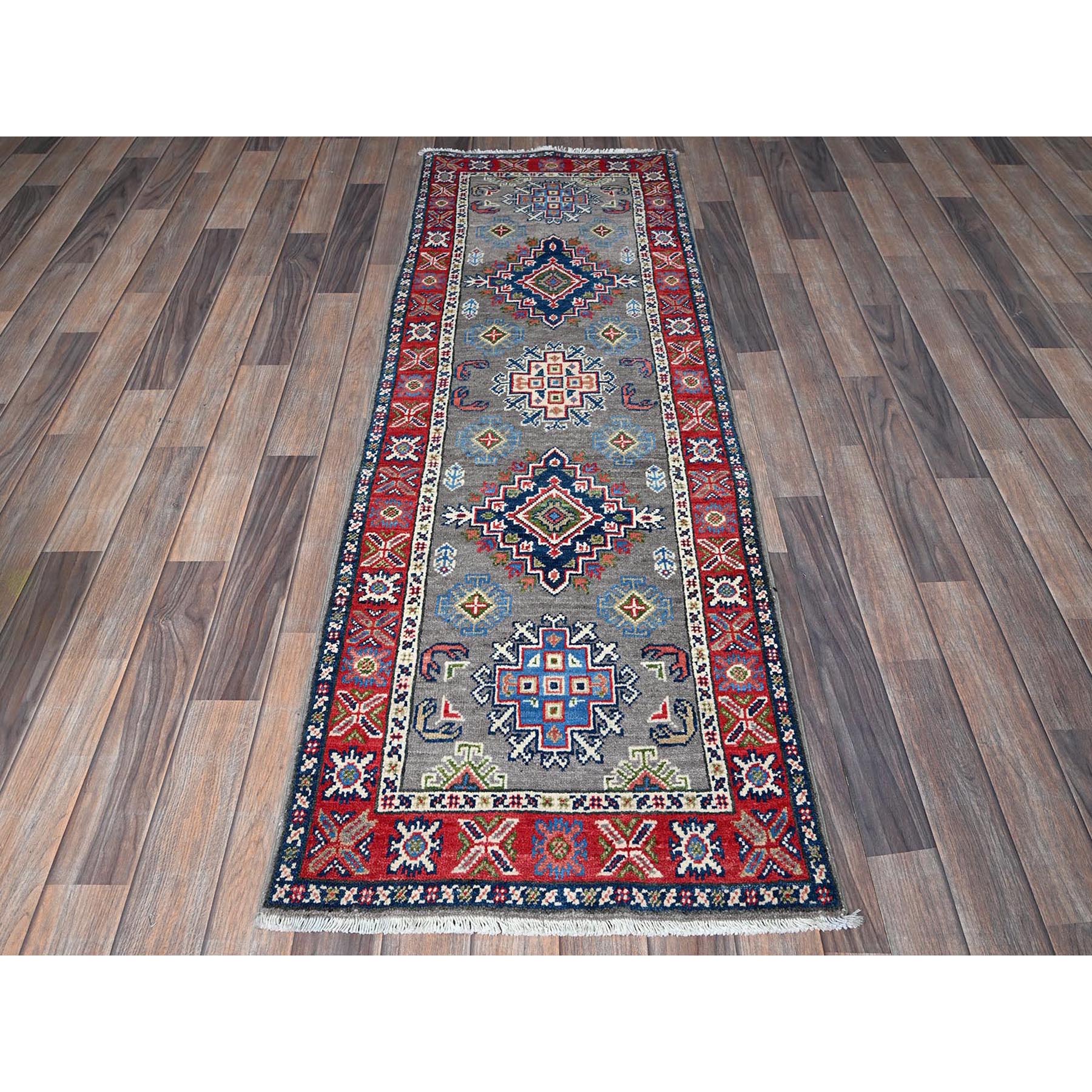 2'2"x6'2" Spanish Gray, Kazak with Geometric Medallions Design, Vegetable Dyes, Soft and Velvety Wool, Hand Knotted, Denser Weave, Narrow Runner, Oriental Rug Sh513