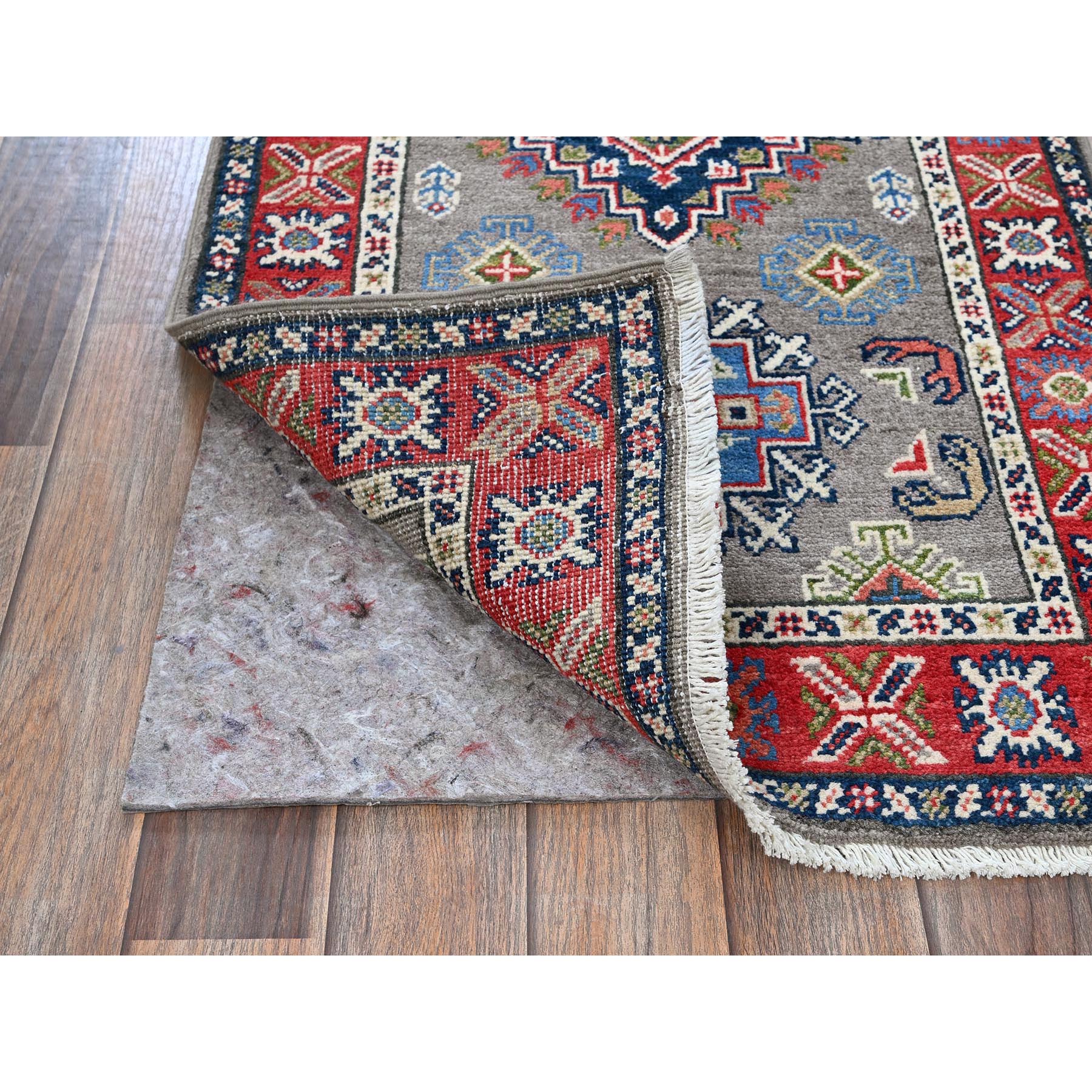2'2"x6'2" Spanish Gray, Kazak with Geometric Medallions Design, Vegetable Dyes, Soft and Velvety Wool, Hand Knotted, Denser Weave, Narrow Runner, Oriental Rug Sh513