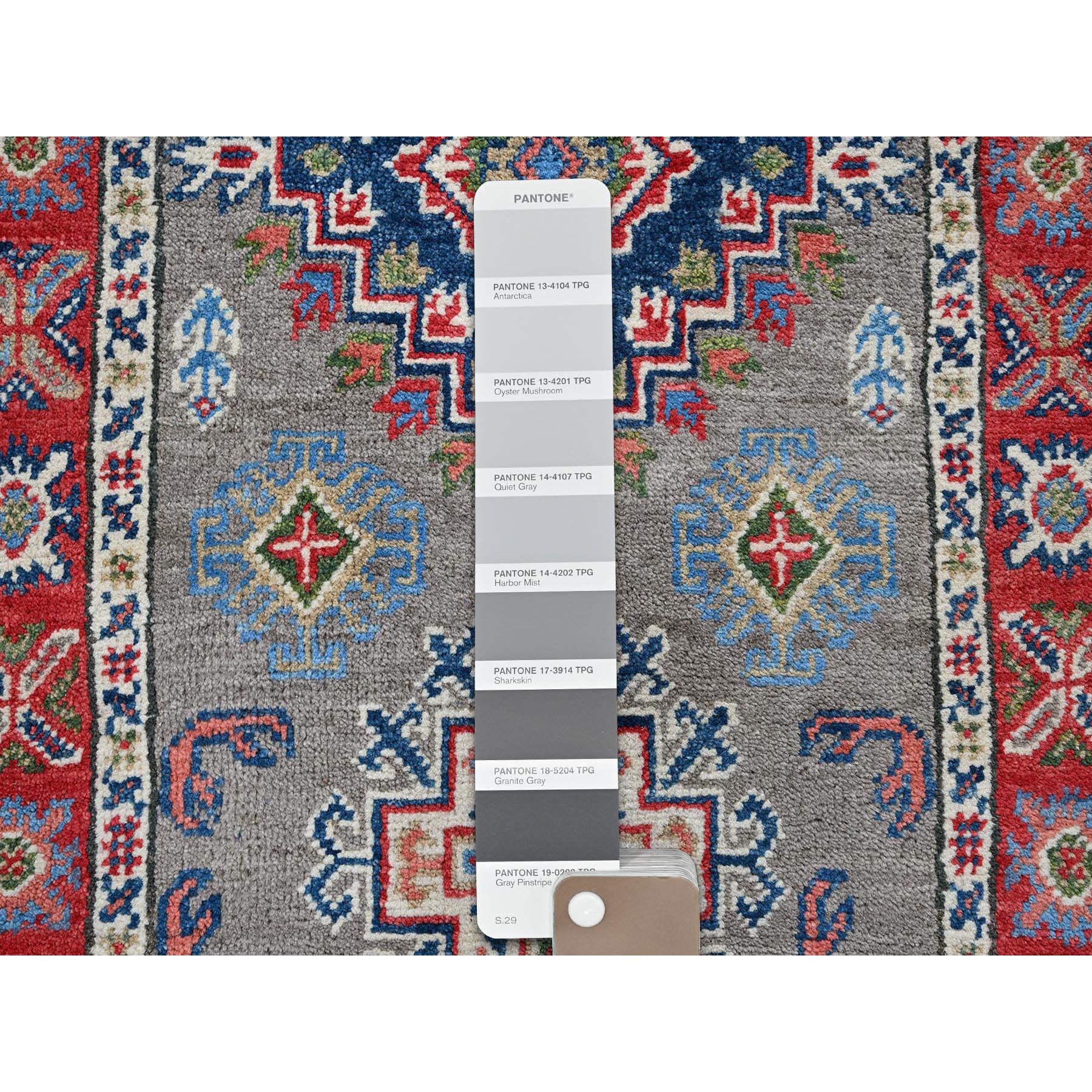 2'2"x6'2" Spanish Gray, Kazak with Geometric Medallions Design, Vegetable Dyes, Soft and Velvety Wool, Hand Knotted, Denser Weave, Narrow Runner, Oriental Rug Sh513