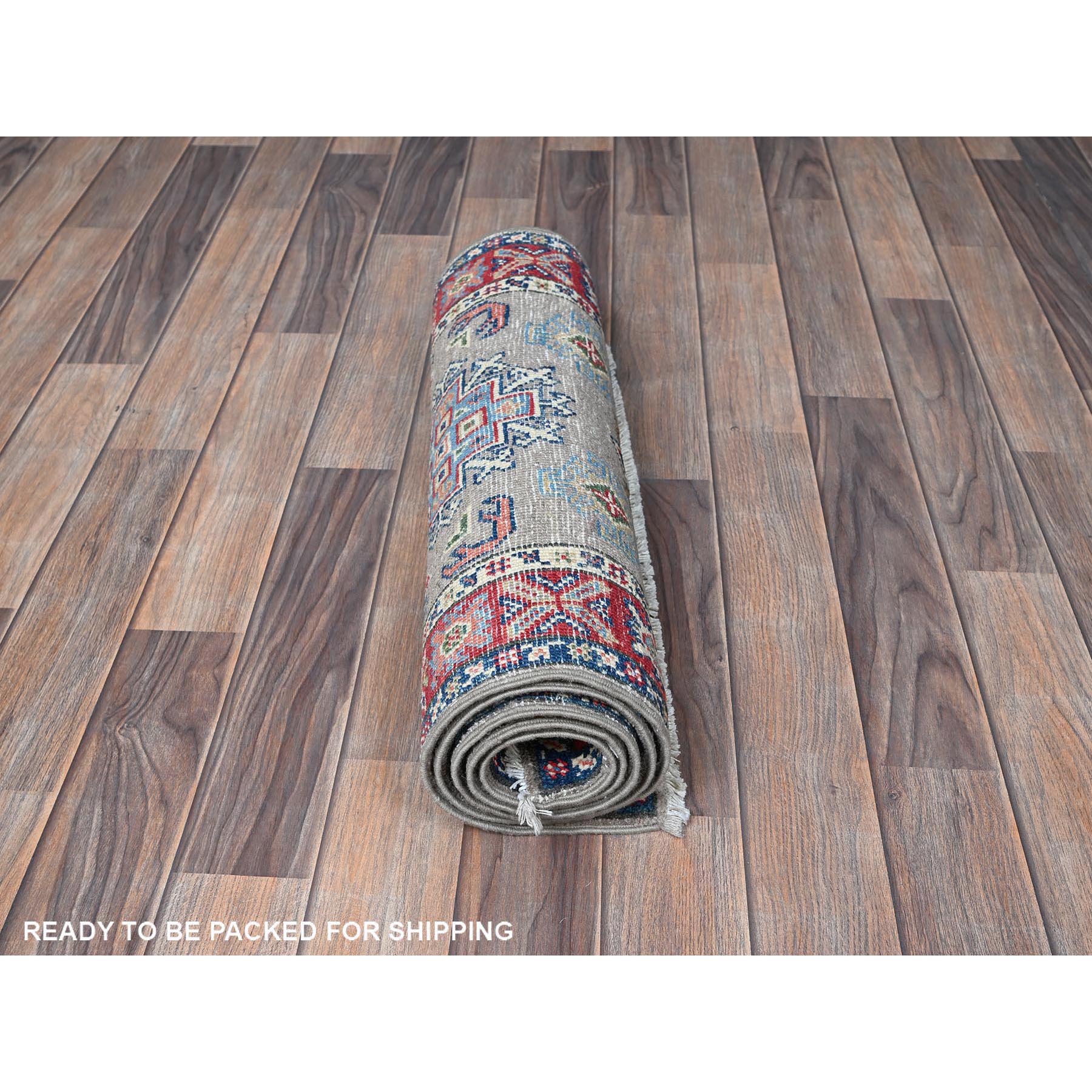 2'2"x6'2" Spanish Gray, Kazak with Geometric Medallions Design, Vegetable Dyes, Soft and Velvety Wool, Hand Knotted, Denser Weave, Narrow Runner, Oriental Rug Sh513