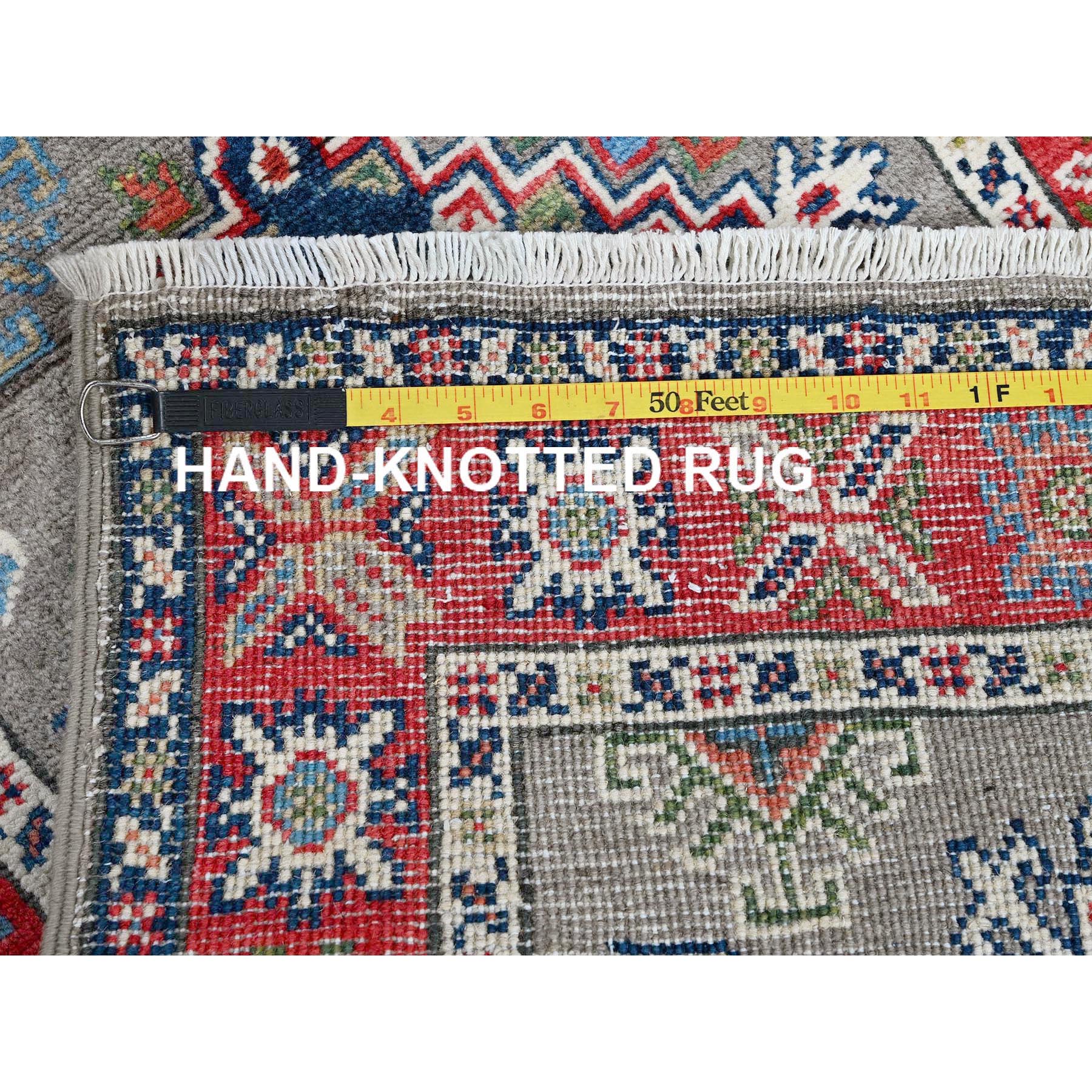 2'2"x6'2" Spanish Gray, Kazak with Geometric Medallions Design, Vegetable Dyes, Soft and Velvety Wool, Hand Knotted, Denser Weave, Narrow Runner, Oriental Rug Sh513