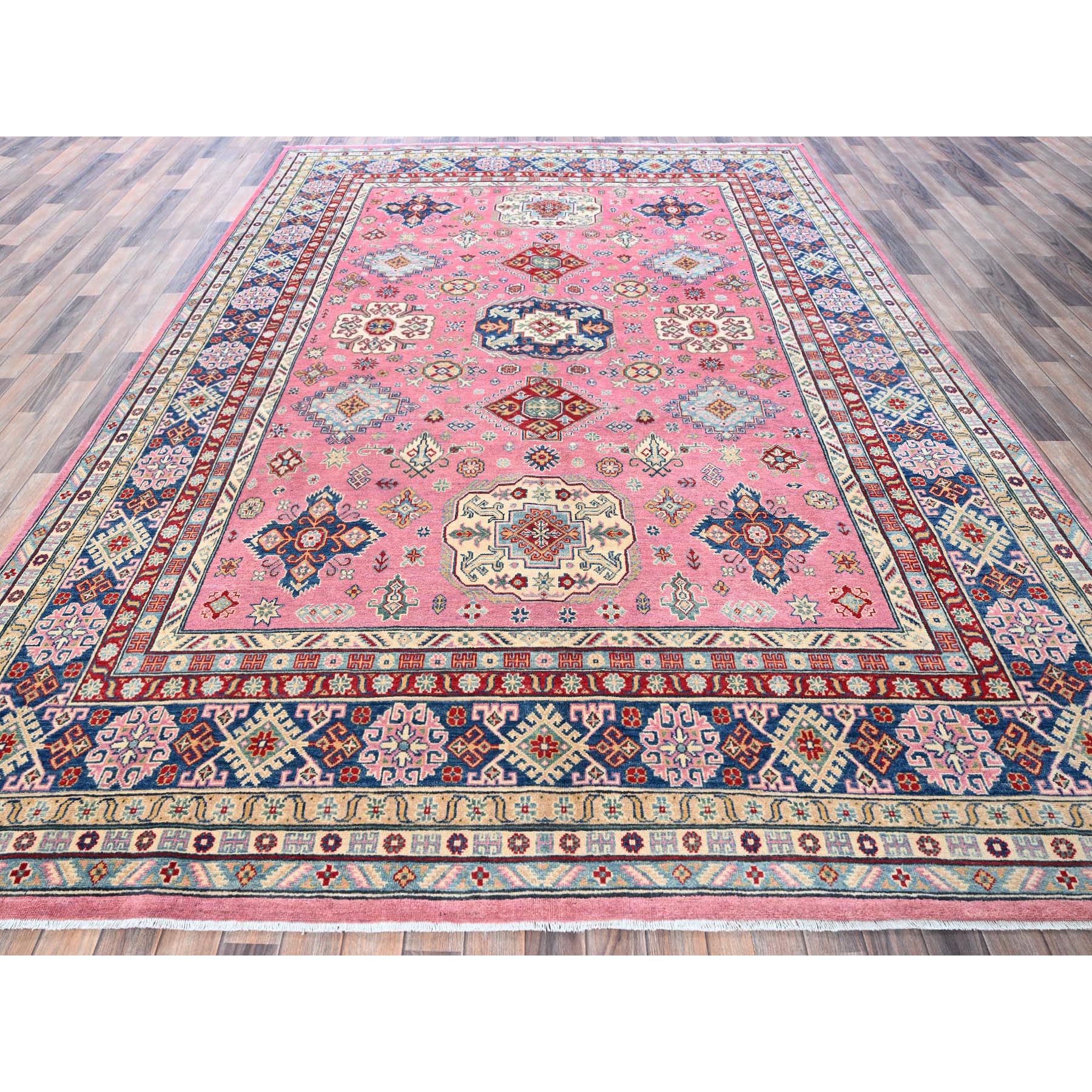 8'9"x11'8" Rose Pink, Kazak with Tribal Medallions Design, Hand Knotted, Soft and Shiny Wool, Vegetable Dyes, Denser Weave, Oriental Rug Sh514