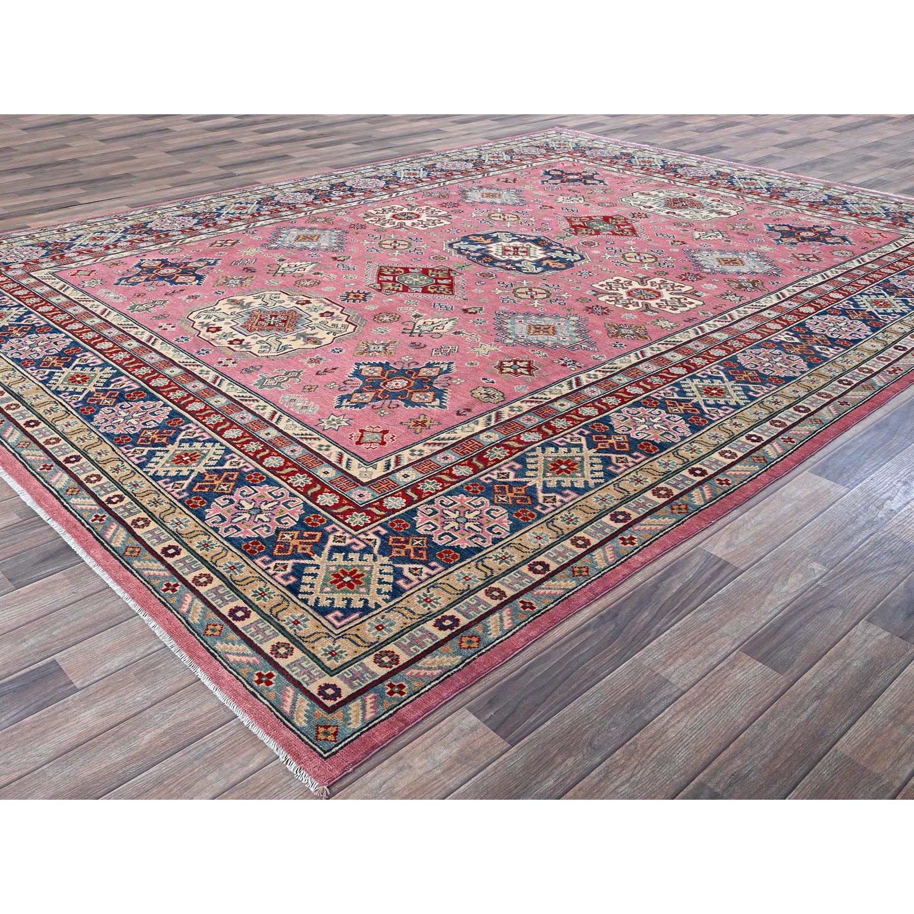 8'9"x11'8" Rose Pink, Kazak with Tribal Medallions Design, Hand Knotted, Soft and Shiny Wool, Vegetable Dyes, Denser Weave, Oriental Rug Sh514