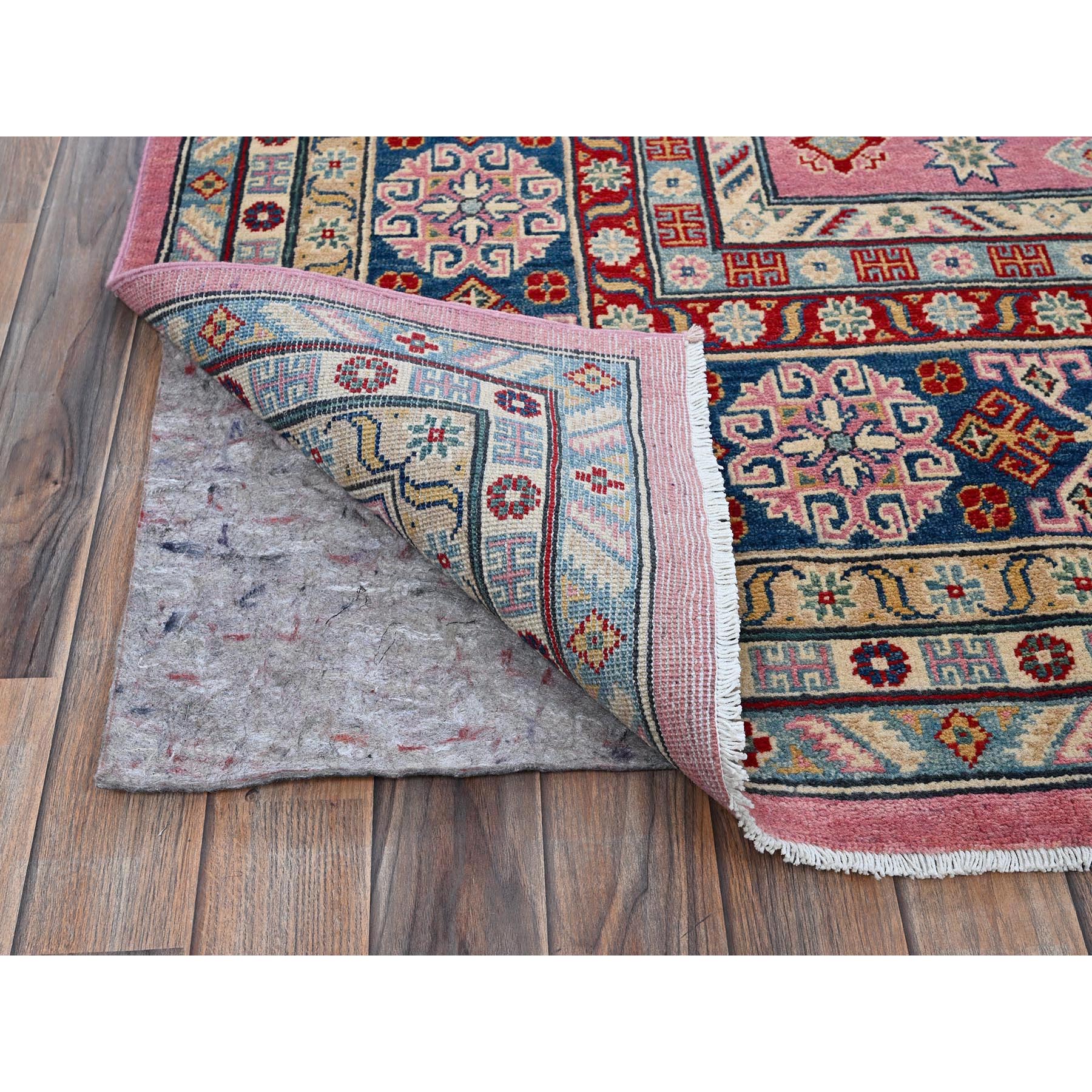 8'9"x11'8" Rose Pink, Kazak with Tribal Medallions Design, Hand Knotted, Soft and Shiny Wool, Vegetable Dyes, Denser Weave, Oriental Rug Sh514