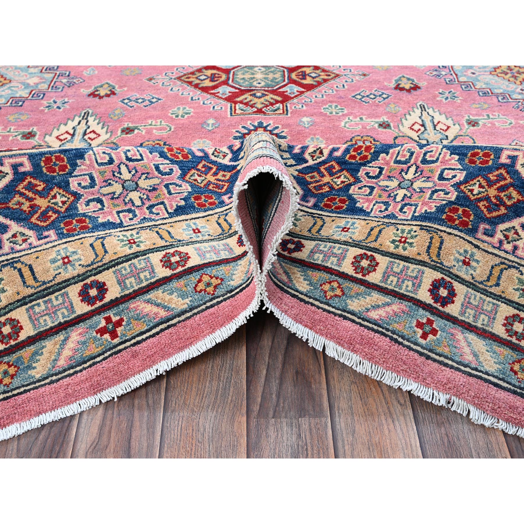 8'9"x11'8" Rose Pink, Kazak with Tribal Medallions Design, Hand Knotted, Soft and Shiny Wool, Vegetable Dyes, Denser Weave, Oriental Rug Sh514