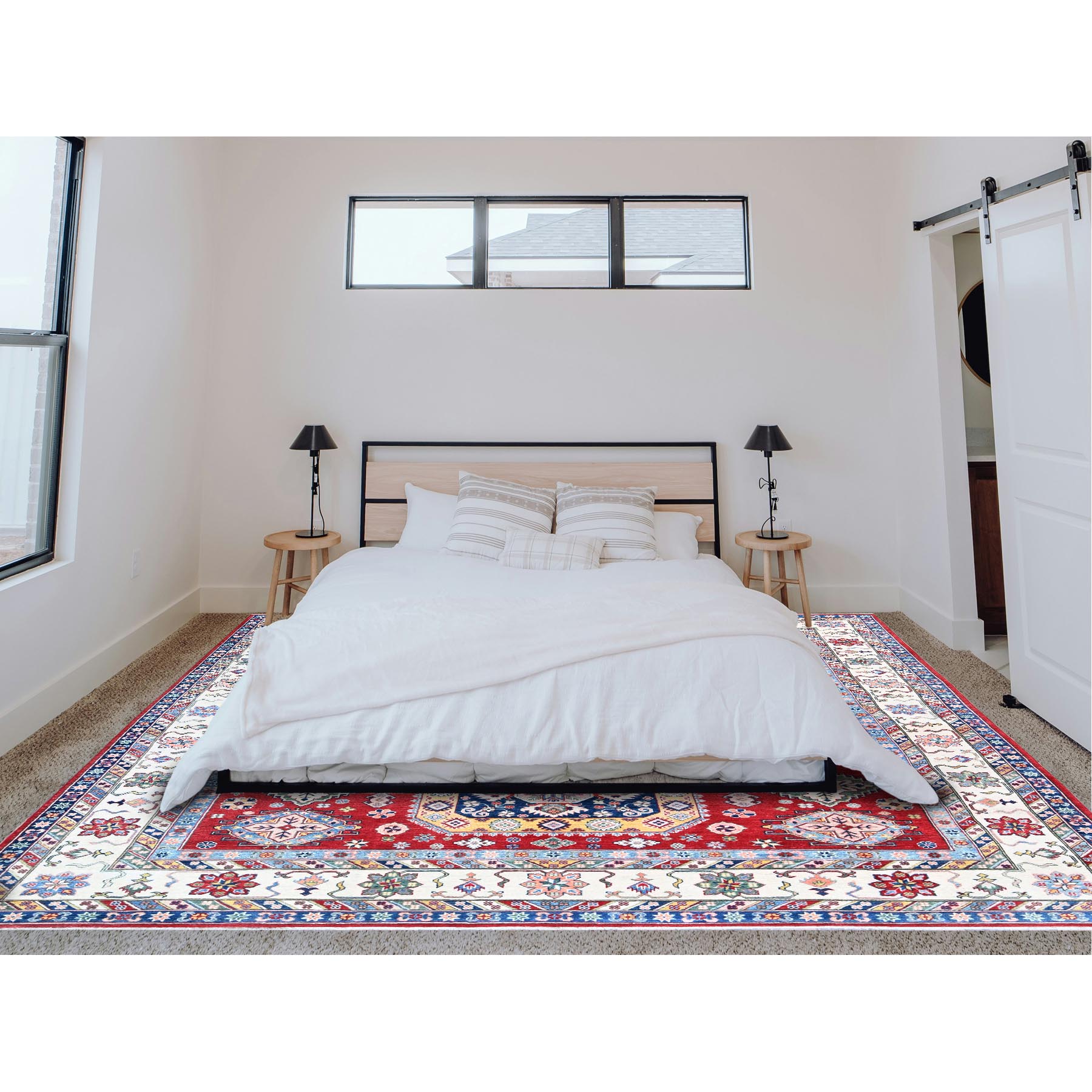 9'x12' Scarlet Red, Kazak with Geometric Medallions Design, Hand Knotted, Soft and Vibrant Wool, Denser Weave, Vegetable Dyes, Oriental Rug Sh515