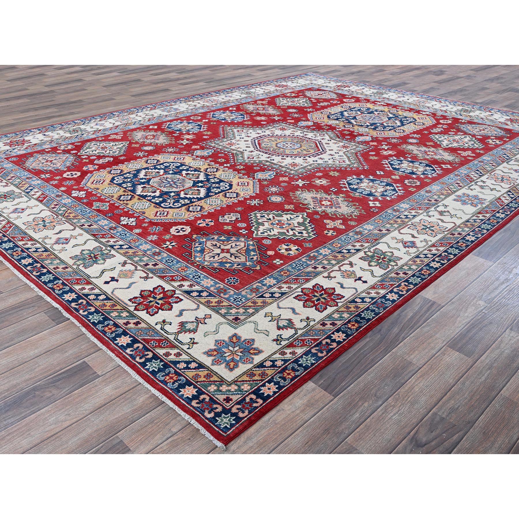 9'x12' Scarlet Red, Kazak with Geometric Medallions Design, Hand Knotted, Soft and Vibrant Wool, Denser Weave, Vegetable Dyes, Oriental Rug Sh515