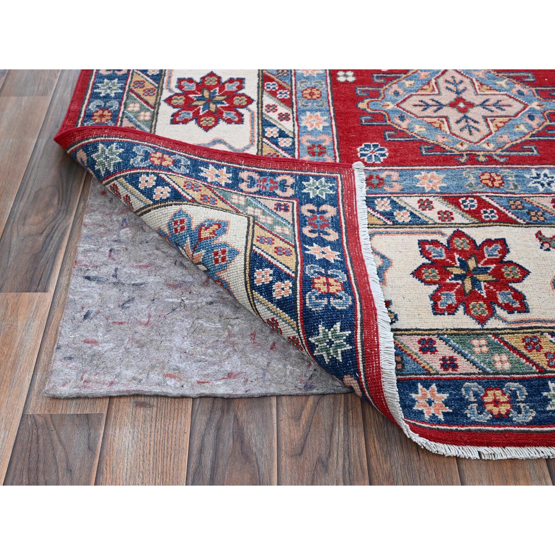 9'x12' Scarlet Red, Kazak with Geometric Medallions Design, Hand Knotted, Soft and Vibrant Wool, Denser Weave, Vegetable Dyes, Oriental Rug Sh515