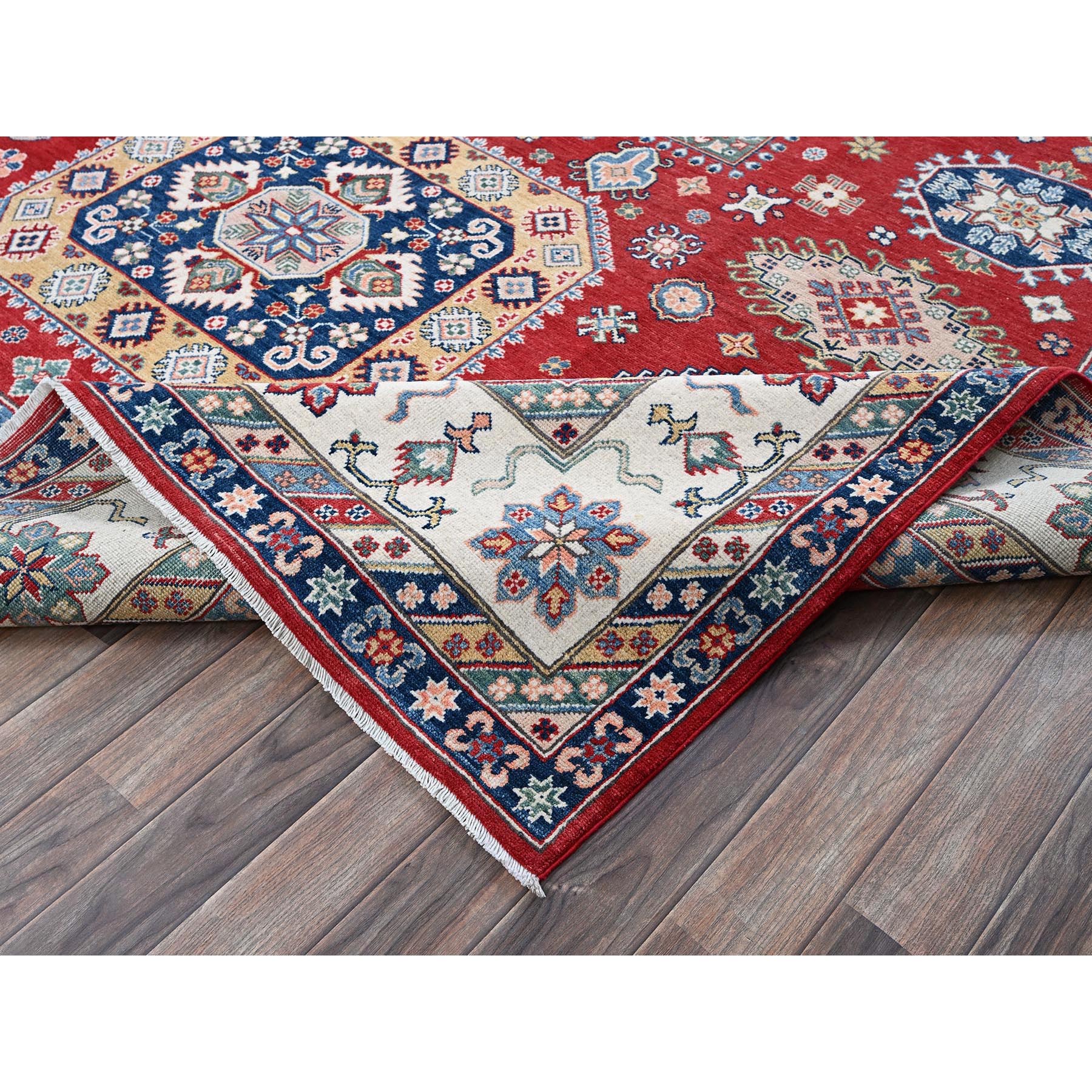 9'x12' Scarlet Red, Kazak with Geometric Medallions Design, Hand Knotted, Soft and Vibrant Wool, Denser Weave, Vegetable Dyes, Oriental Rug Sh515