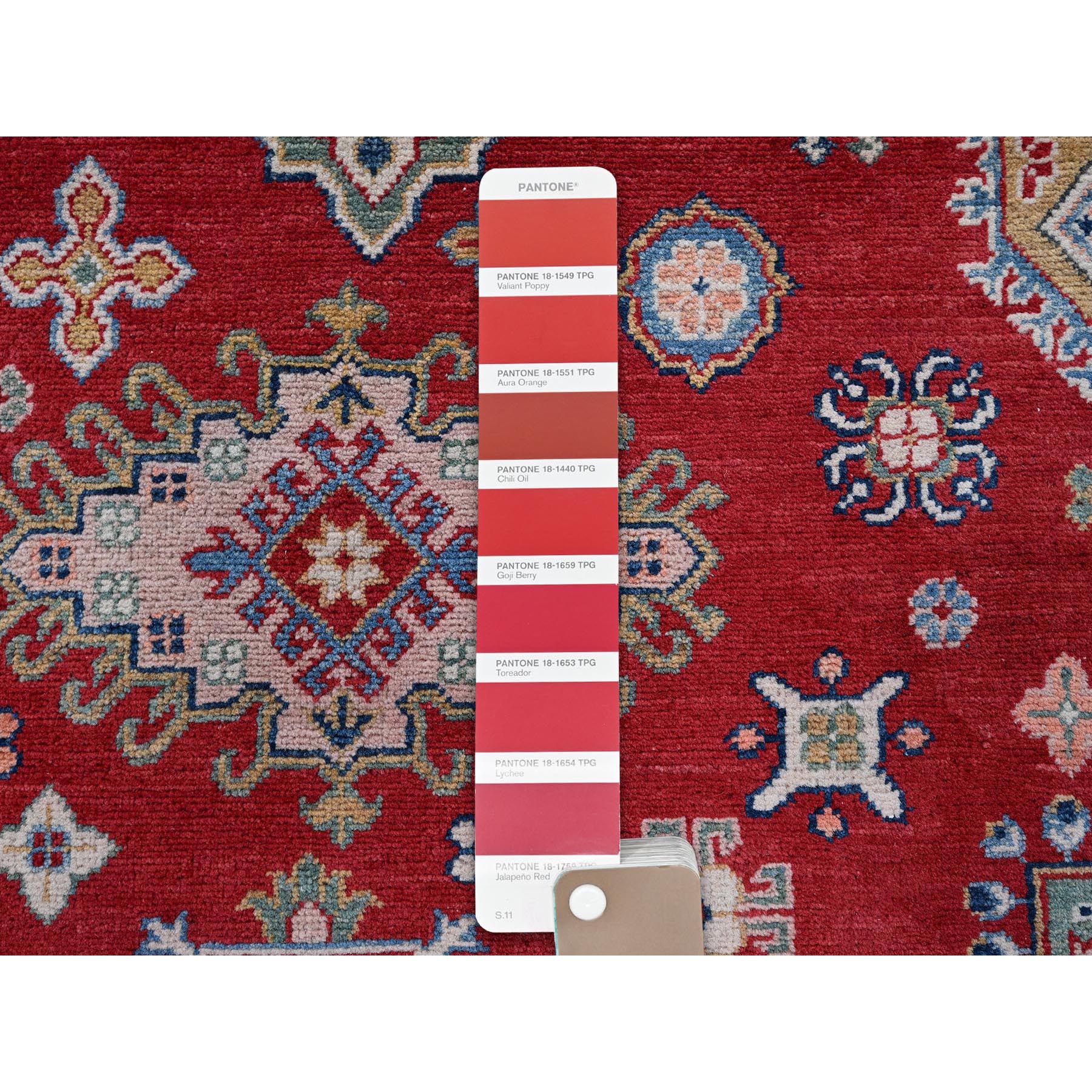 9'x12' Scarlet Red, Kazak with Geometric Medallions Design, Hand Knotted, Soft and Vibrant Wool, Denser Weave, Vegetable Dyes, Oriental Rug Sh515