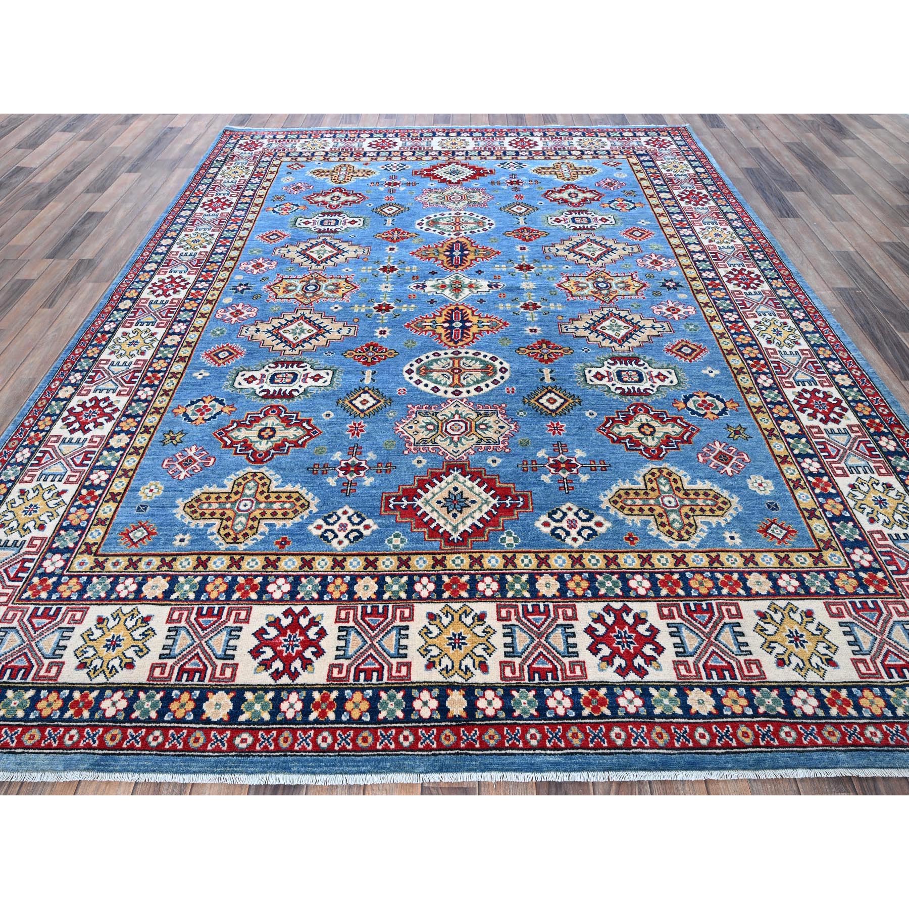 8'x10' Carolina Blue, Kazak with Tribal Medallions Design, Hand Knotted, Denser Weave, Soft and Shiny Wool, Vegetable Dyes, Oriental Rug Sh516