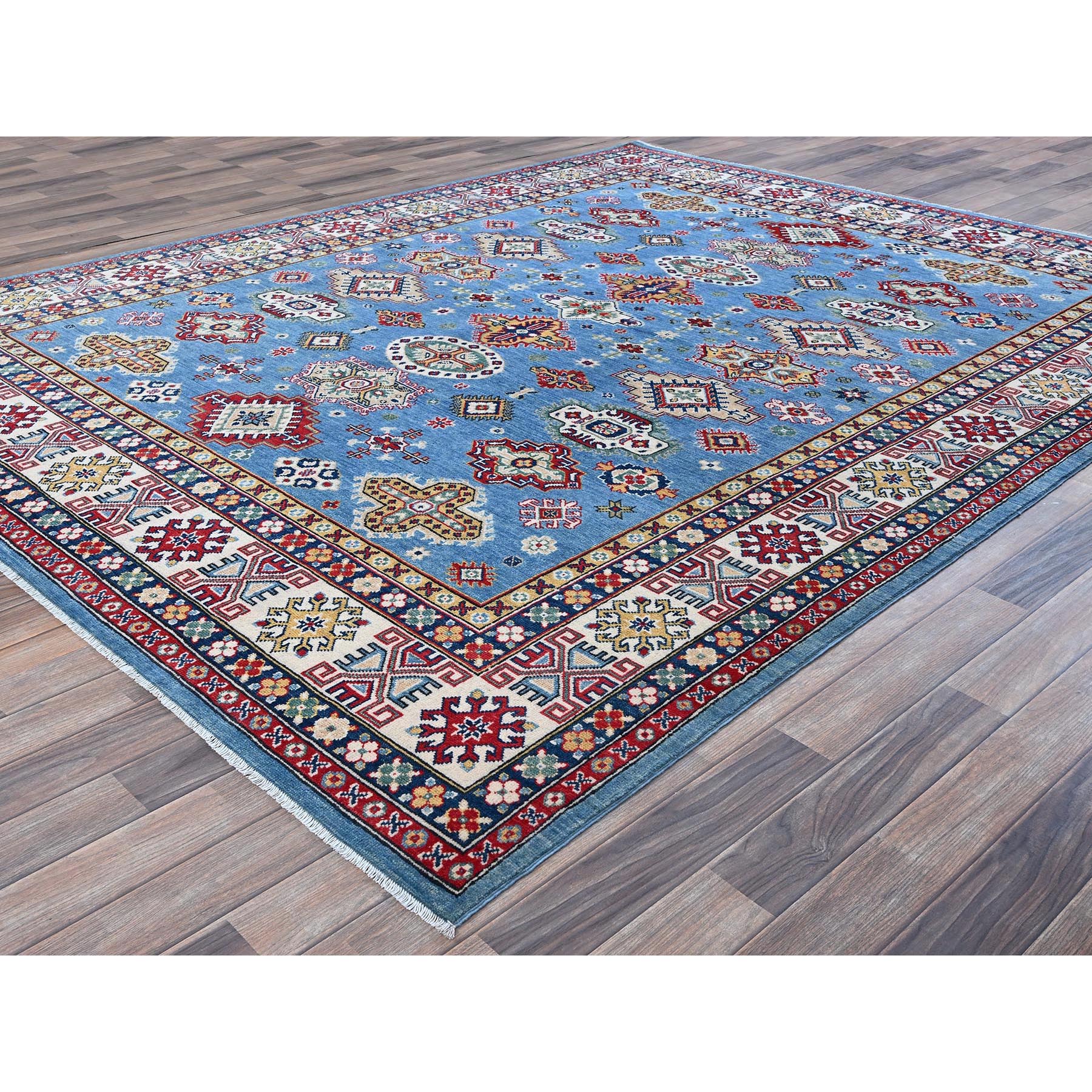 8'x10' Carolina Blue, Kazak with Tribal Medallions Design, Hand Knotted, Denser Weave, Soft and Shiny Wool, Vegetable Dyes, Oriental Rug Sh516
