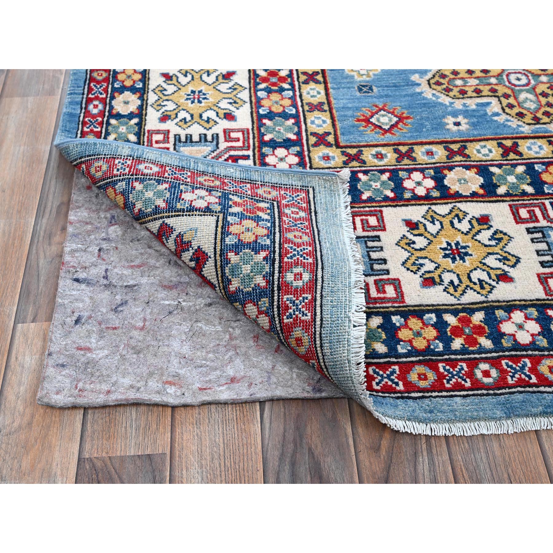 8'x10' Carolina Blue, Kazak with Tribal Medallions Design, Hand Knotted, Denser Weave, Soft and Shiny Wool, Vegetable Dyes, Oriental Rug Sh516