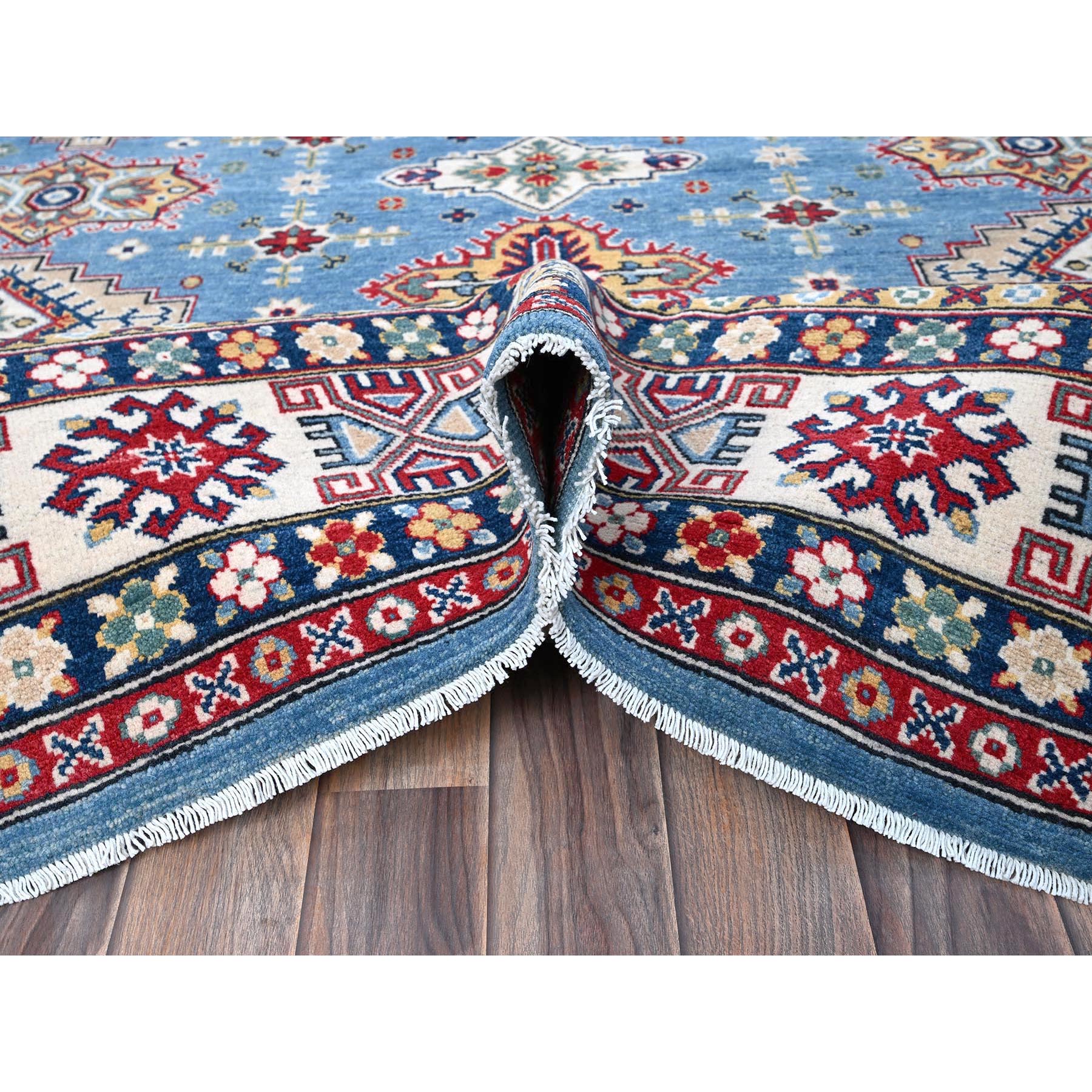 8'x10' Carolina Blue, Kazak with Tribal Medallions Design, Hand Knotted, Denser Weave, Soft and Shiny Wool, Vegetable Dyes, Oriental Rug Sh516