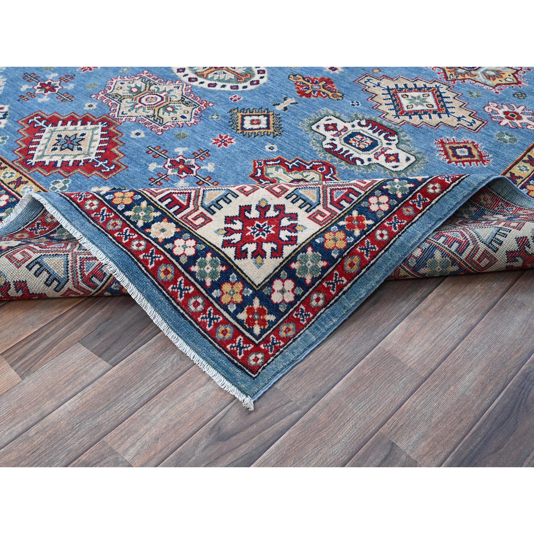 8'x10' Carolina Blue, Kazak with Tribal Medallions Design, Hand Knotted, Denser Weave, Soft and Shiny Wool, Vegetable Dyes, Oriental Rug Sh516