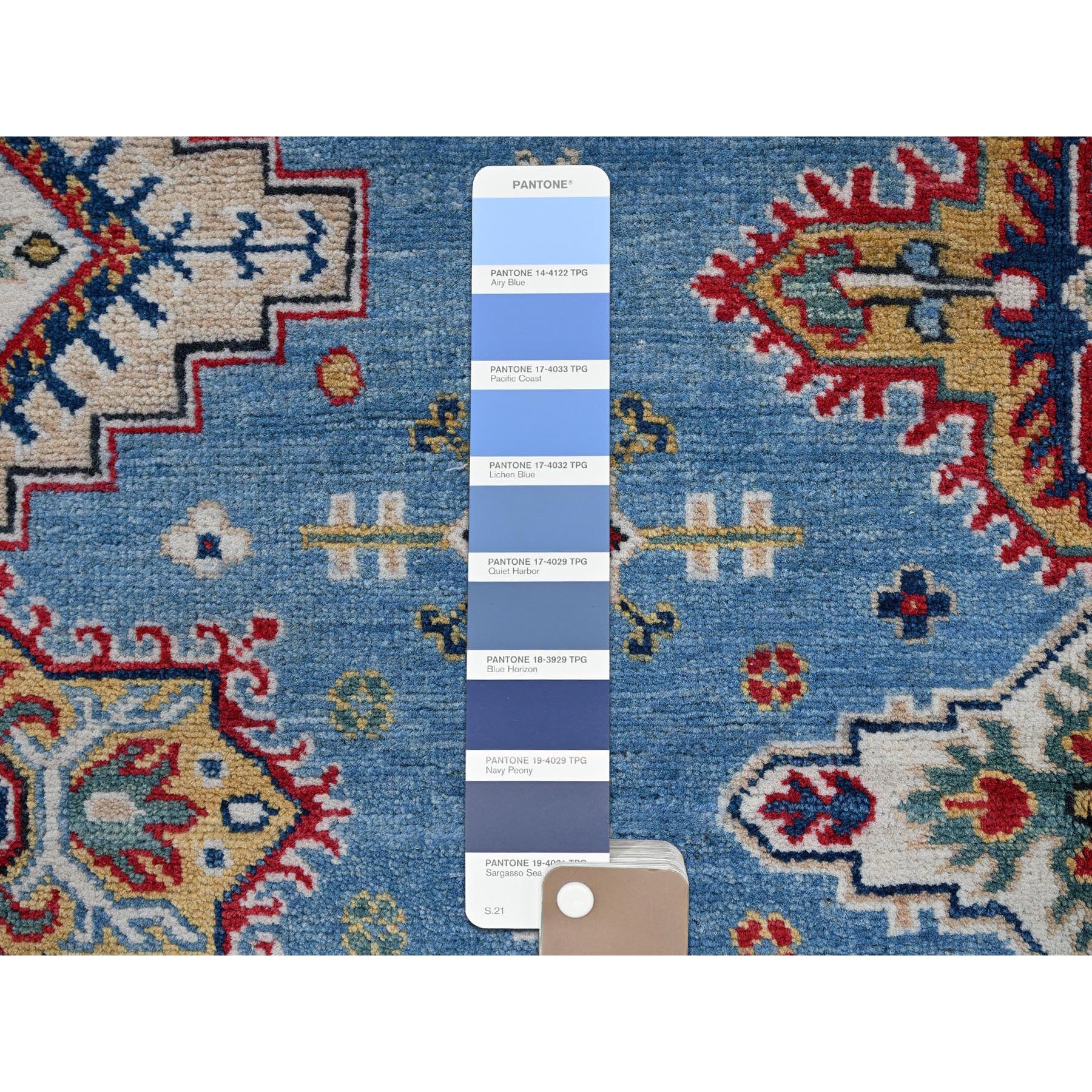 8'x10' Carolina Blue, Kazak with Tribal Medallions Design, Hand Knotted, Denser Weave, Soft and Shiny Wool, Vegetable Dyes, Oriental Rug Sh516
