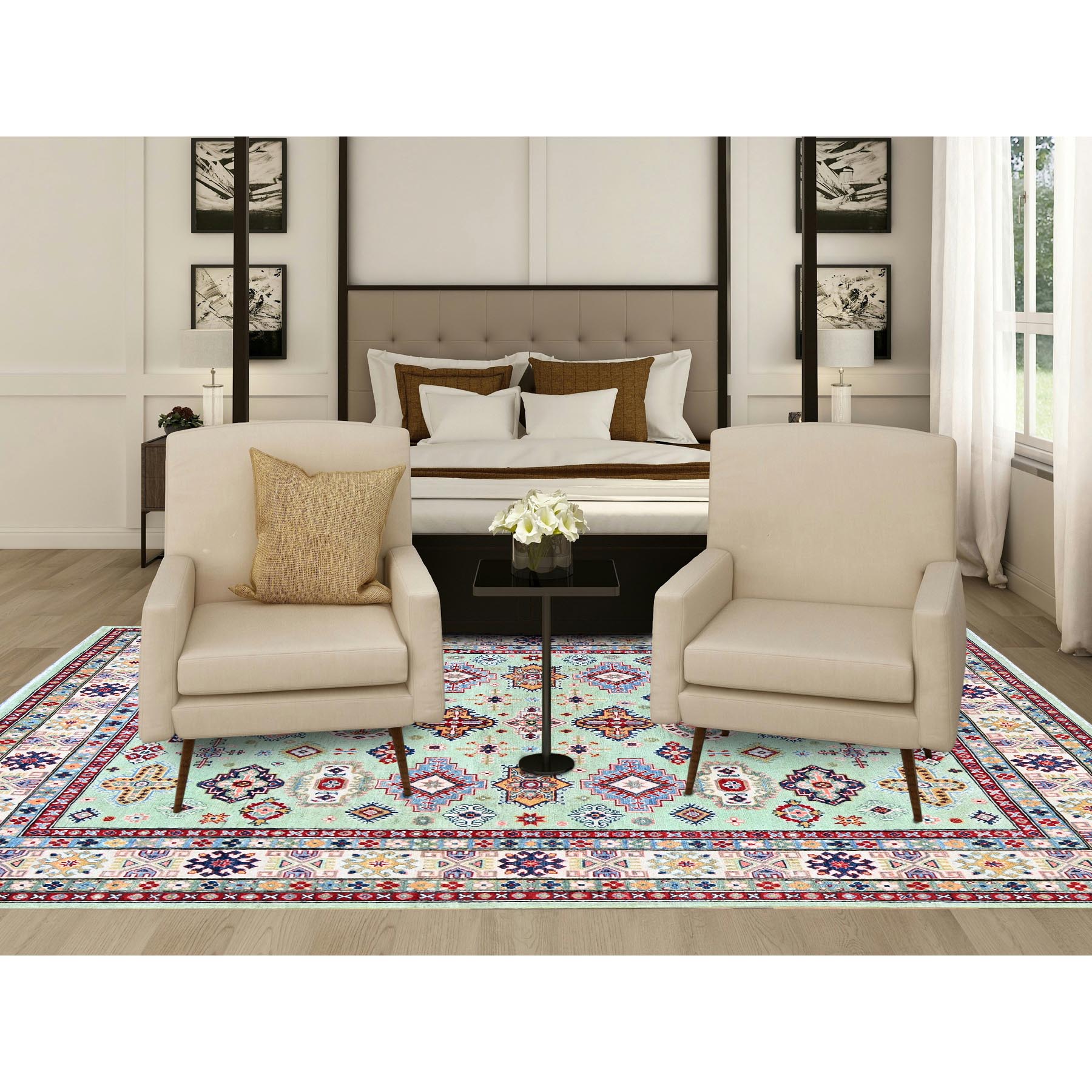8'x9'10" Pistachio Green, Kazak with Geometric Medallions Design, Soft and Velvety Wool, Hand Knotted, Denser Weave, Vegetable Dyes, Oriental Rug Sh517