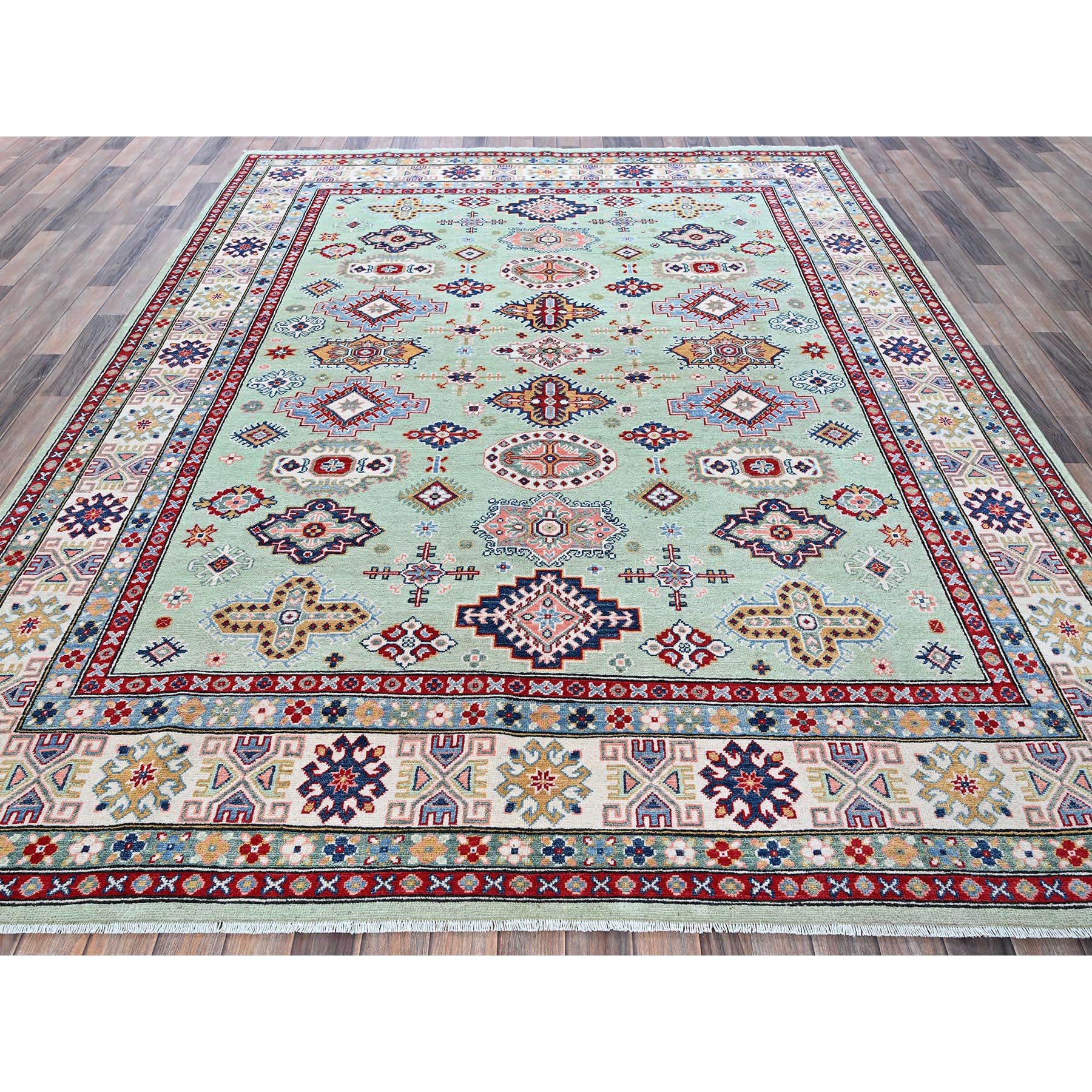 8'x9'10" Pistachio Green, Kazak with Geometric Medallions Design, Soft and Velvety Wool, Hand Knotted, Denser Weave, Vegetable Dyes, Oriental Rug Sh517