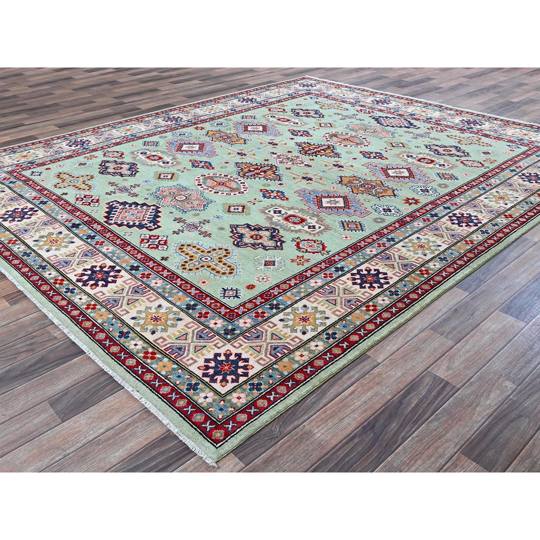 8'x9'10" Pistachio Green, Kazak with Geometric Medallions Design, Soft and Velvety Wool, Hand Knotted, Denser Weave, Vegetable Dyes, Oriental Rug Sh517